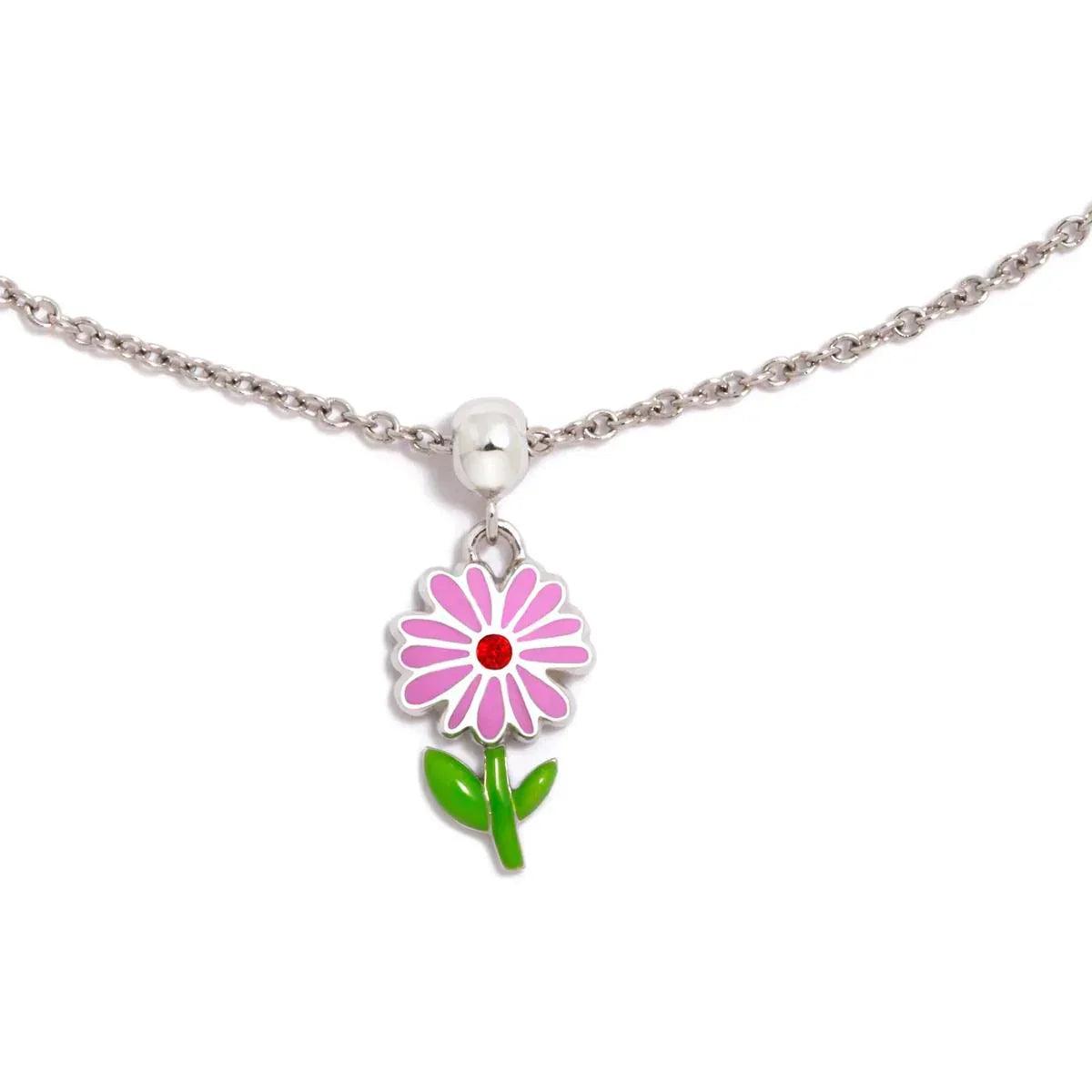 Colgante margarita esmaltada rosa con hoja verde, en cadena plateada