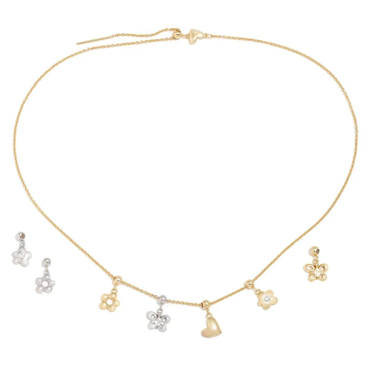 Collar de cadena con varios charms tréboles y campanita, acabado dorado y blanco