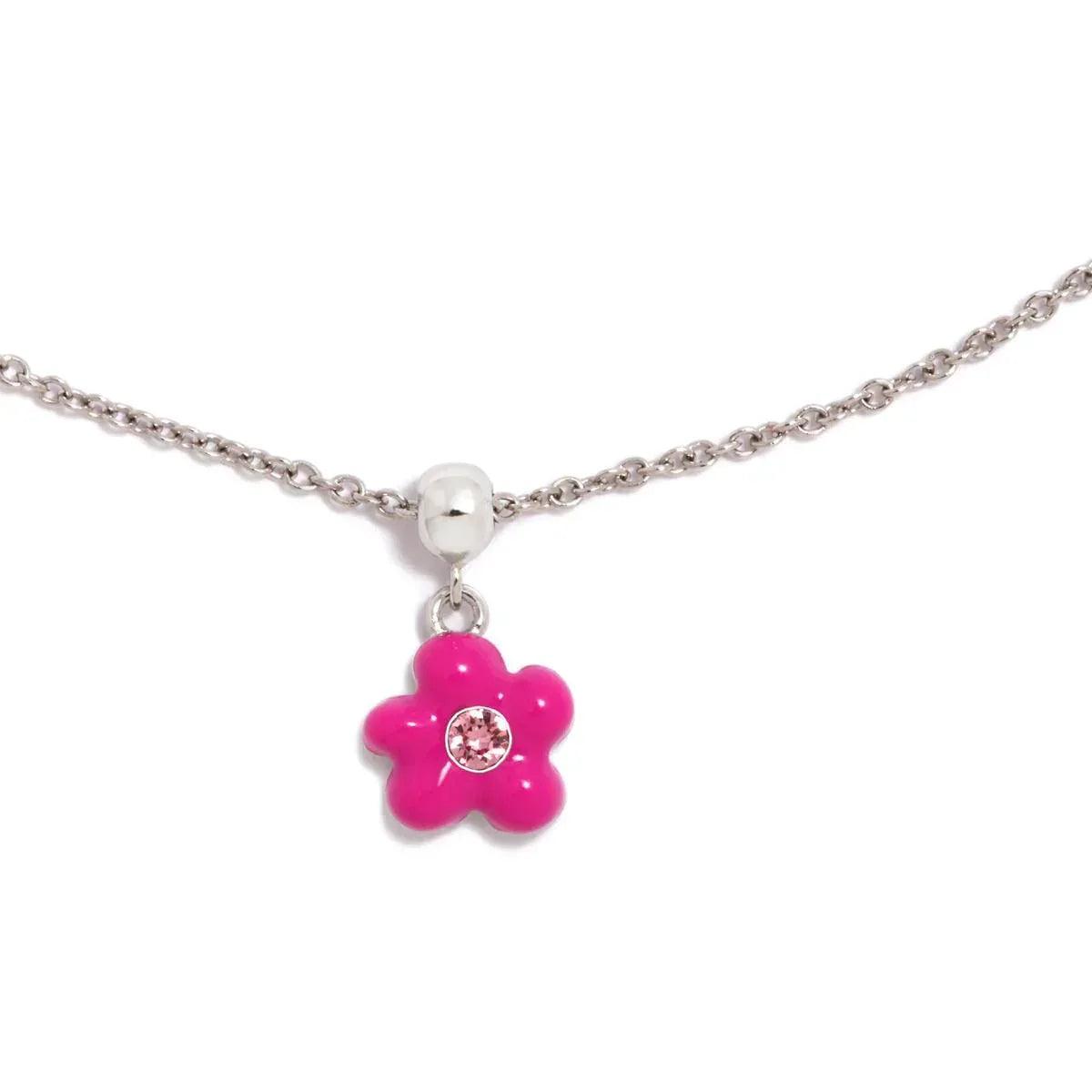 Colgante flor fucsia con cristal central y cadena plateada