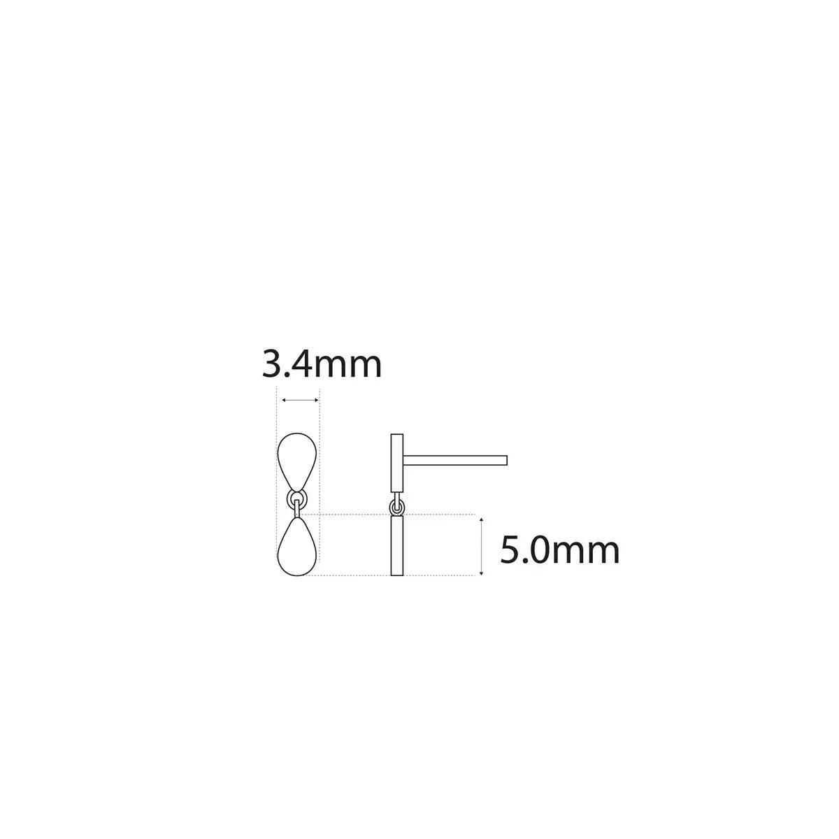 Pendientes con gota colgante: 3.4 mm de aro y 5.0 mm de largo, cierre a presión.
