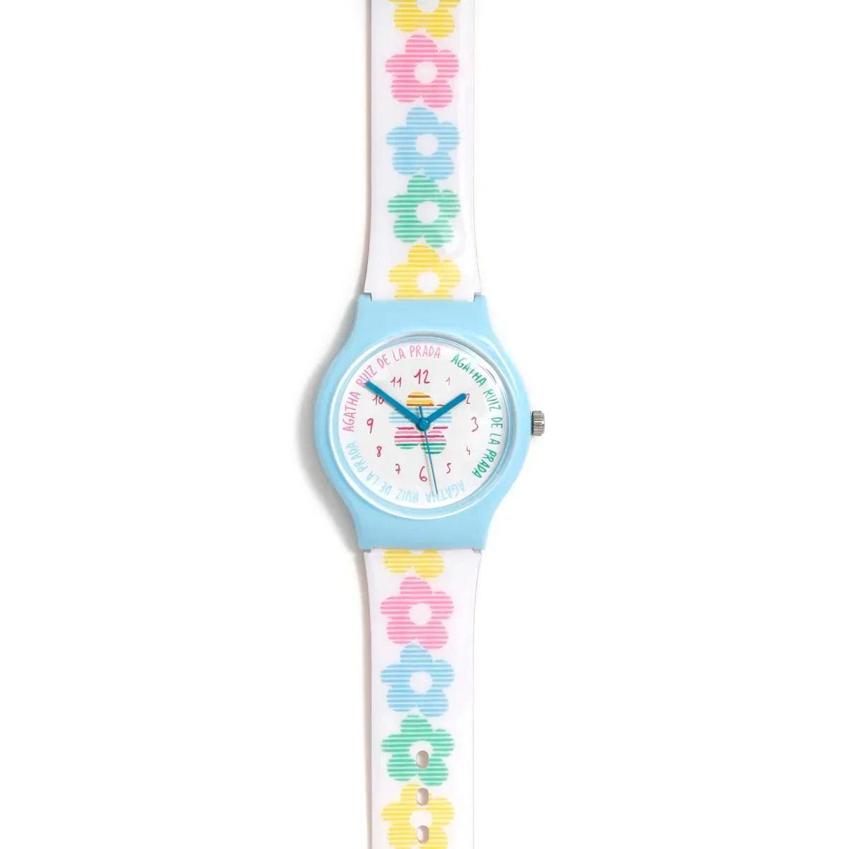 Reloj con correa blanca de flores y esfera azul redonda