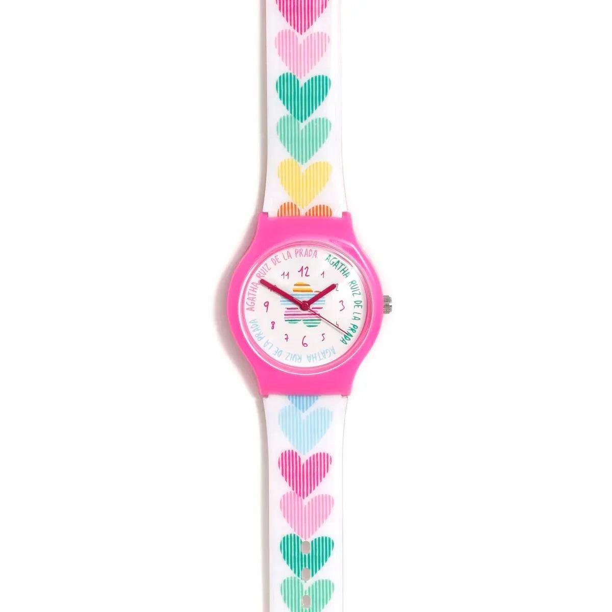 Reloj infantil con correa blanca de corazones y esfera rosa multicolor