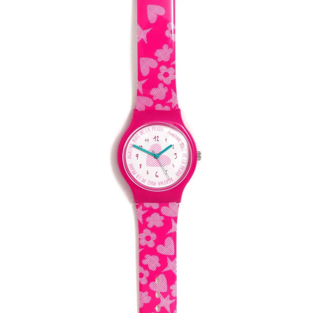 Reloj con correa fucsia estampada y esfera redonda analógica