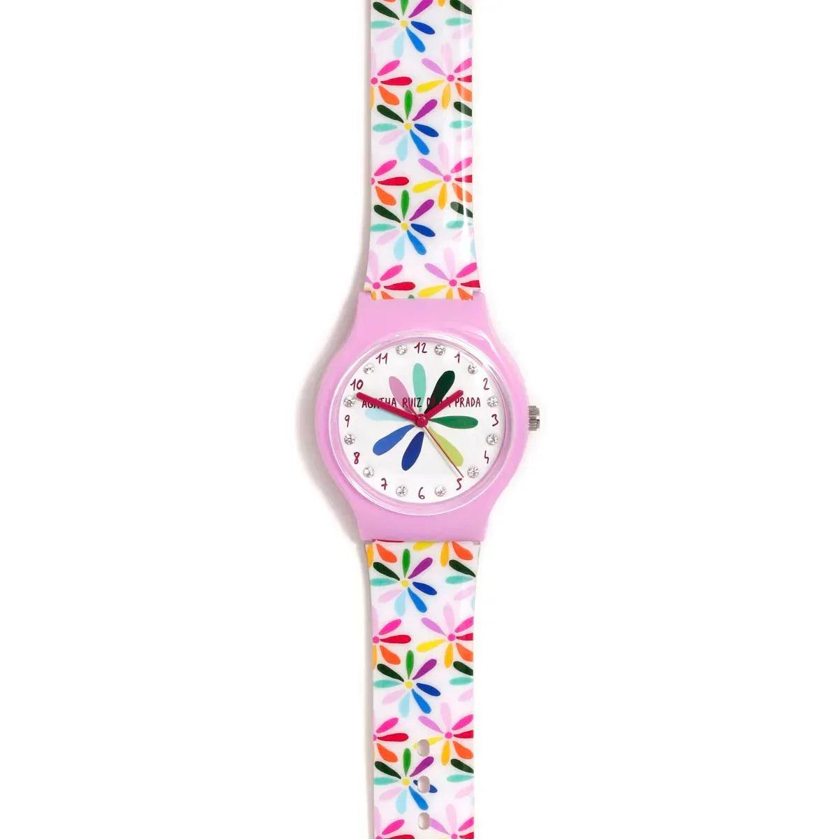 Reloj flip con correa rosa estampada y esfera circular con motivo floral