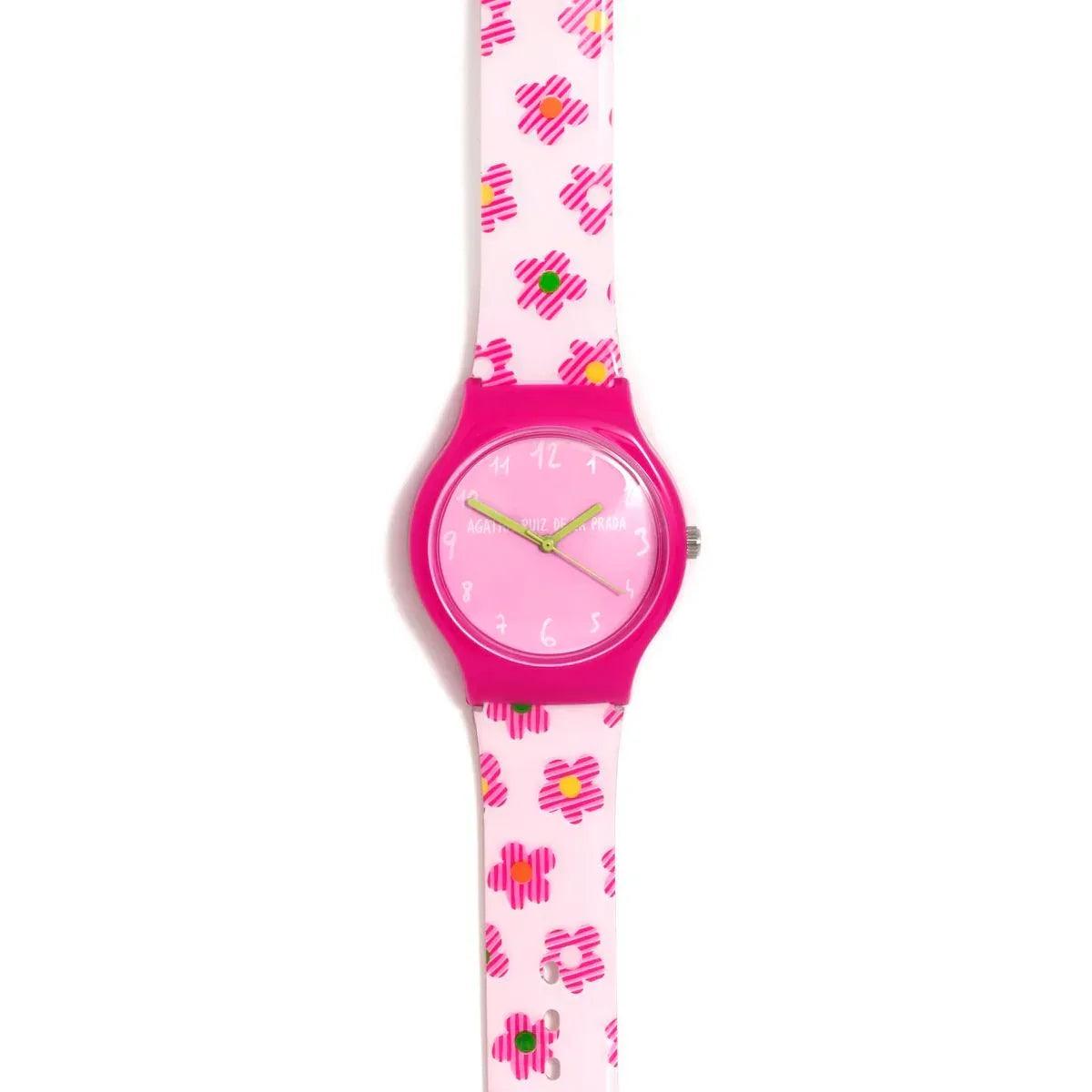 Reloj infantil rosa con esfera morada y correa estampada de flores