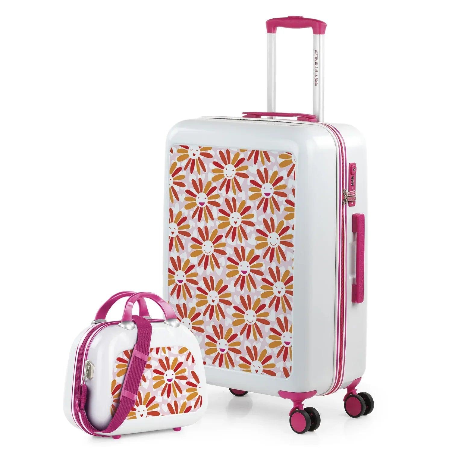 Maleta con estampado de margaritas y bandolera pequeña a juego, ruedas fucsia.