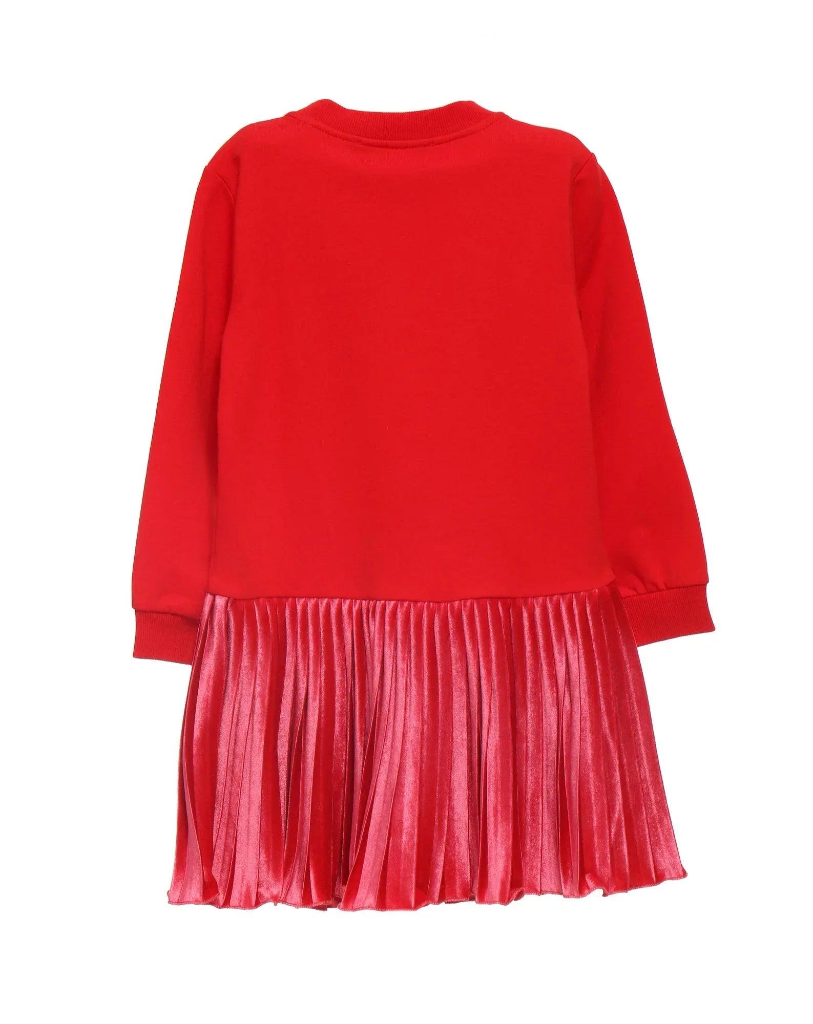 Vestido rojo con falda plisada rosa metalizada y puños elásticos