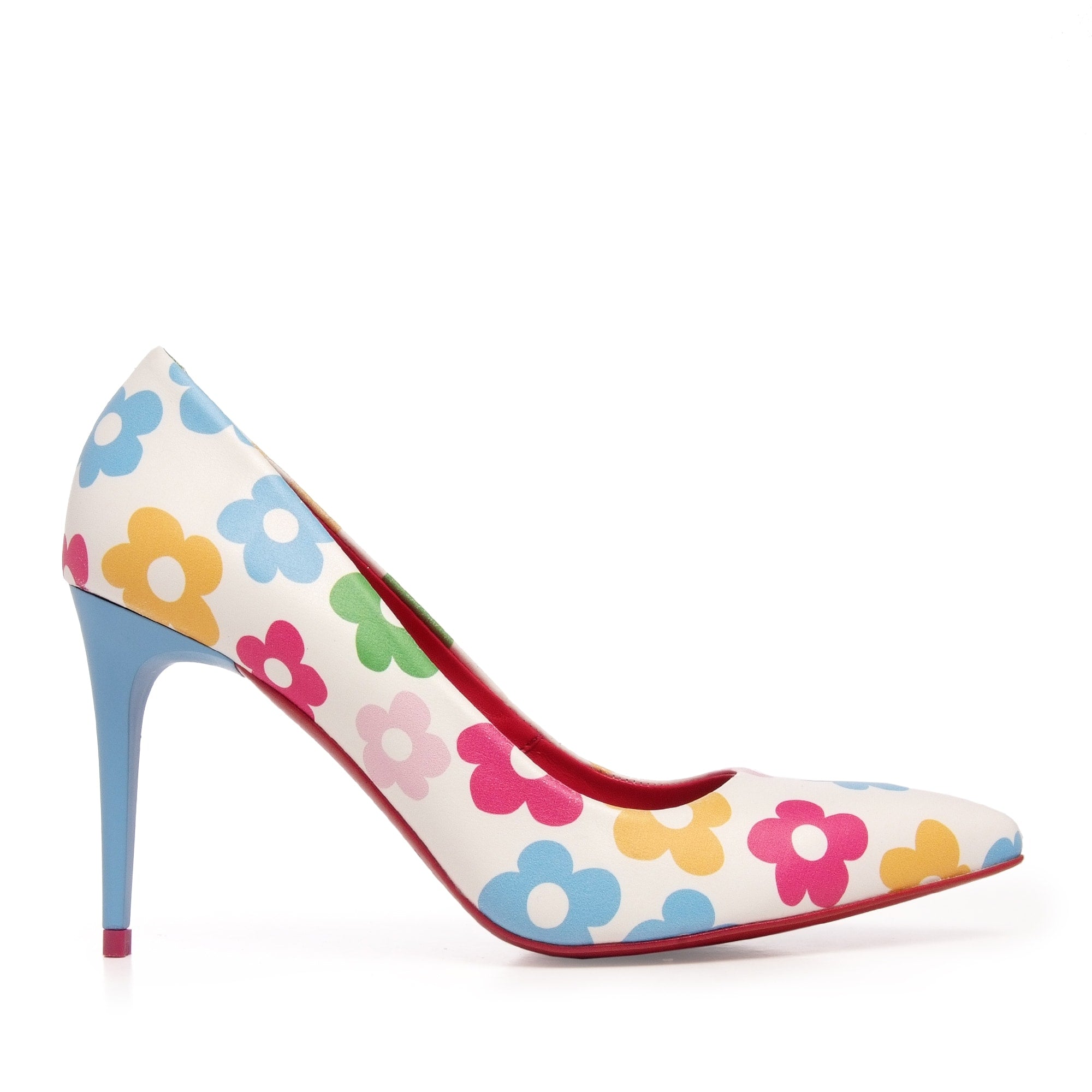 Zapatos de tacón alto con flores multicolor y punta fina, tacón azul.