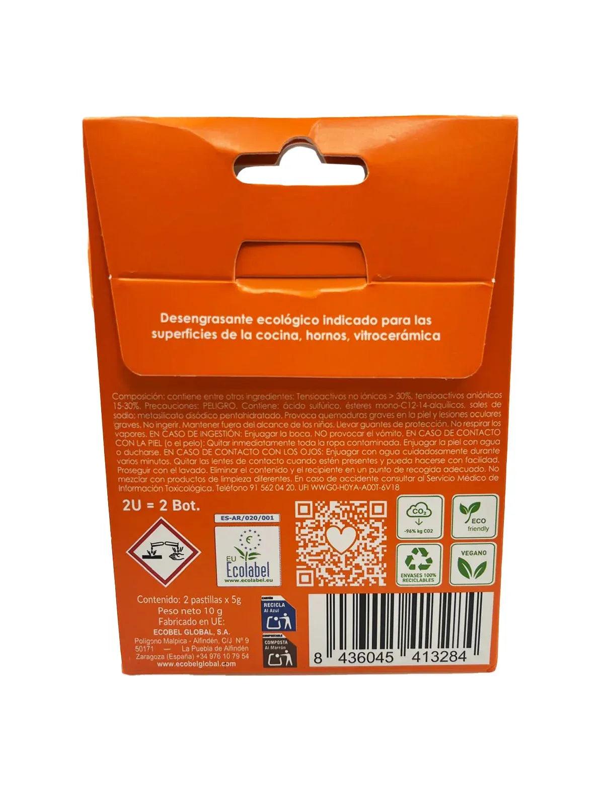 Caja de pastillas quitagrasas Ecobel, parte trasera con instrucciones y código QR