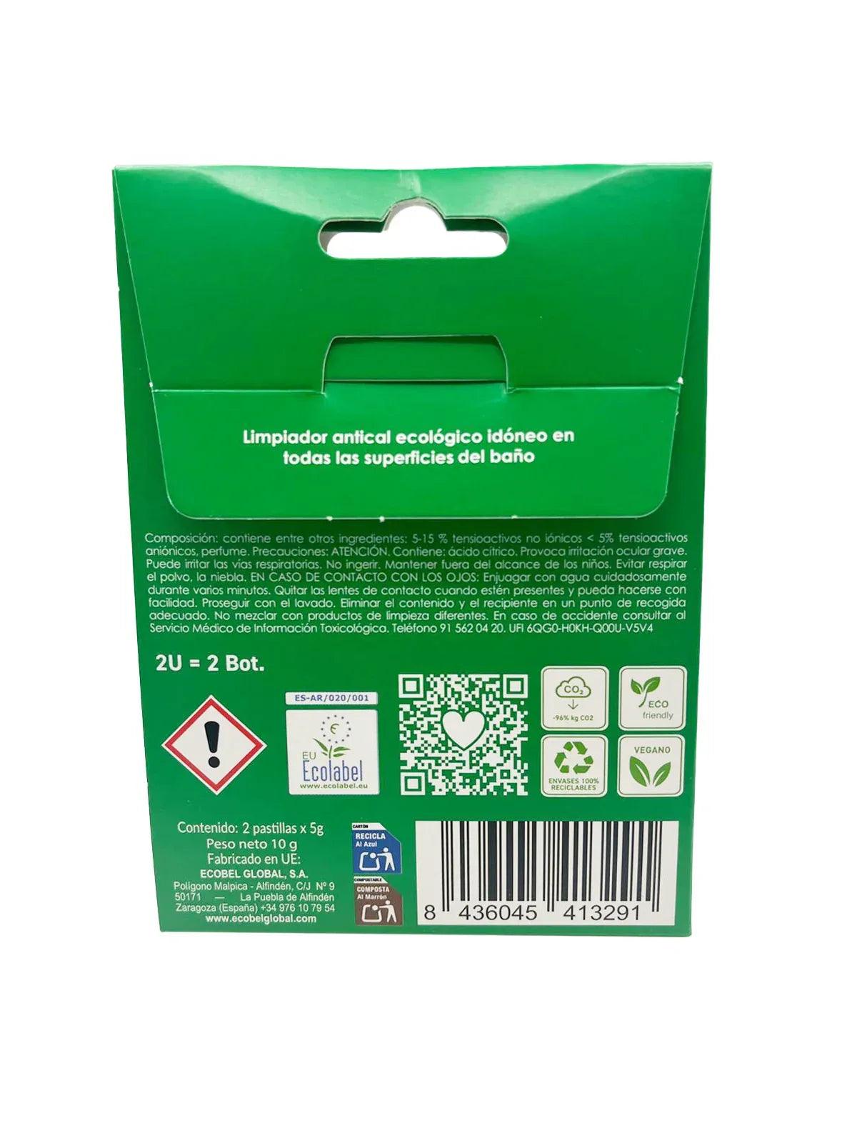Caja trasera con 2 pastillas antical EcoBel, etiquetas, QR y advertencia
