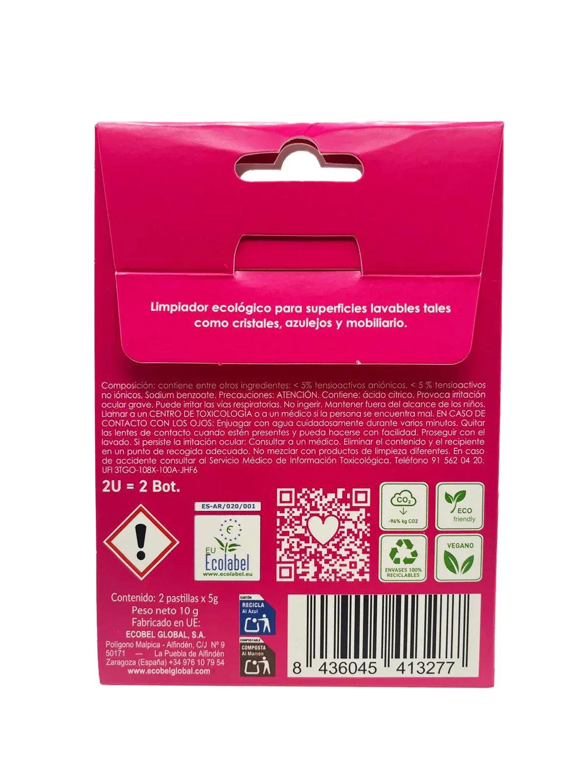 Caja rosa de pastillas cristal multiusos con código de barras y etiquetas