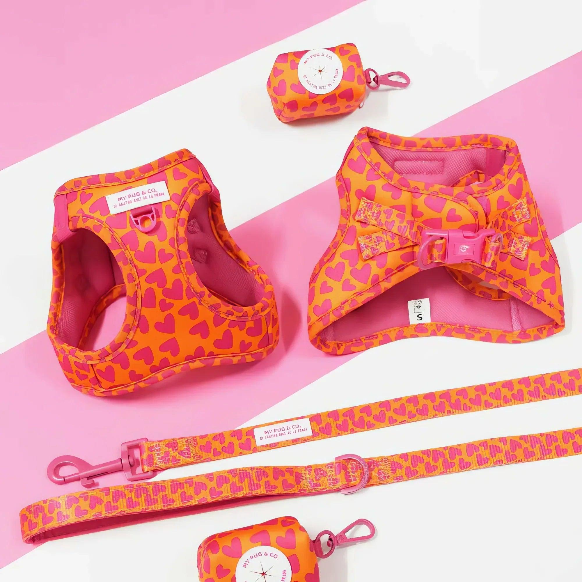 Arnés ajustable para perro con corazones rosa y naranja y correa ajustable.
