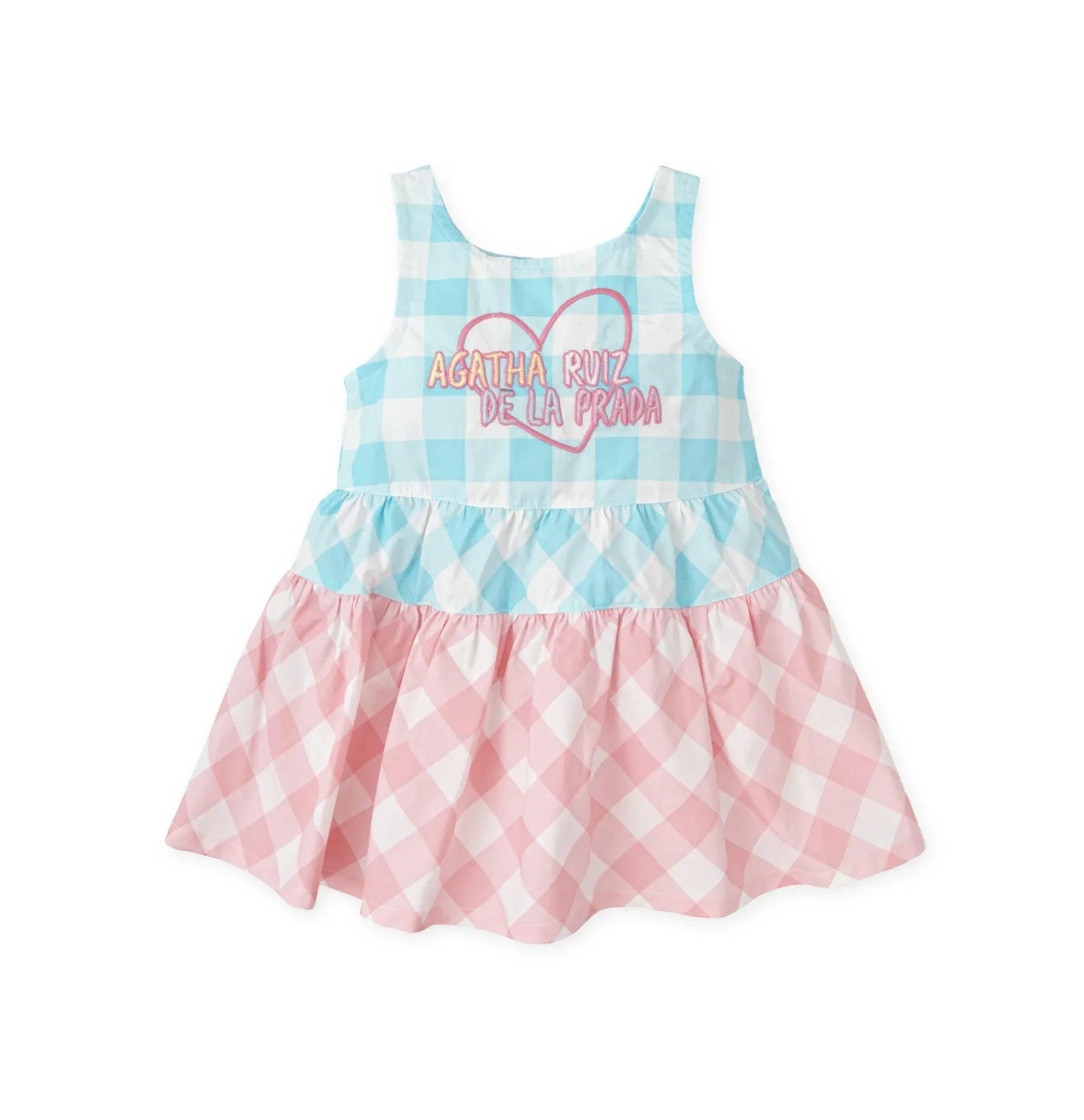 Vestido sin mangas vichy azul y rosa con falda amplia y costura fruncida