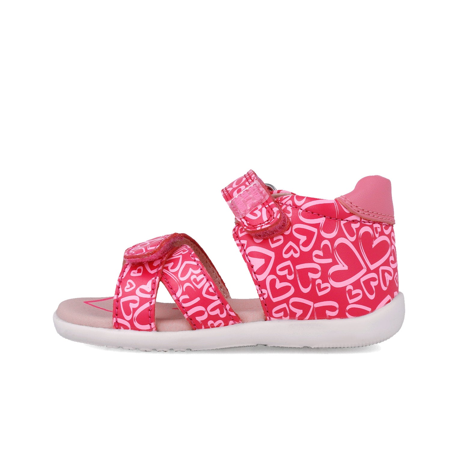 Sandalias fucsia estampadas tipo velcro, suela blanca.
