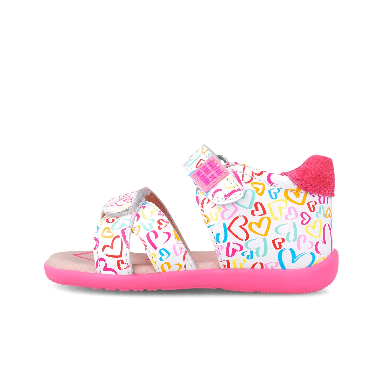 Sandalia infantil estampada con tira doble y hebilla, suela fucsia y forro rosa.