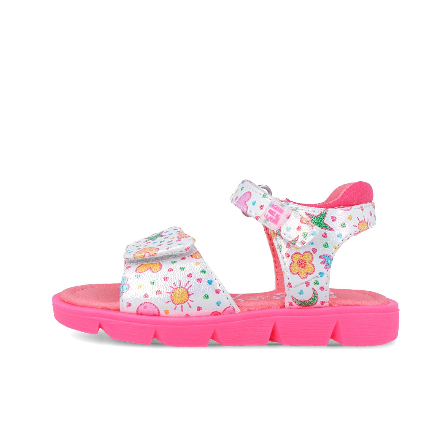 Sandalia infantil estampada blanca con flores; cierre de velcro y suela rosa con bloques