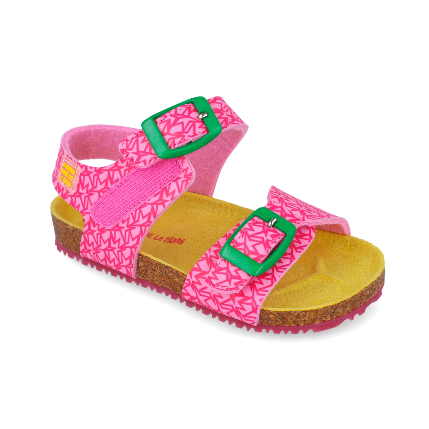 Sandalias rosa con hebillas verdes cuadradas y plataforma de corcho, vista lateral