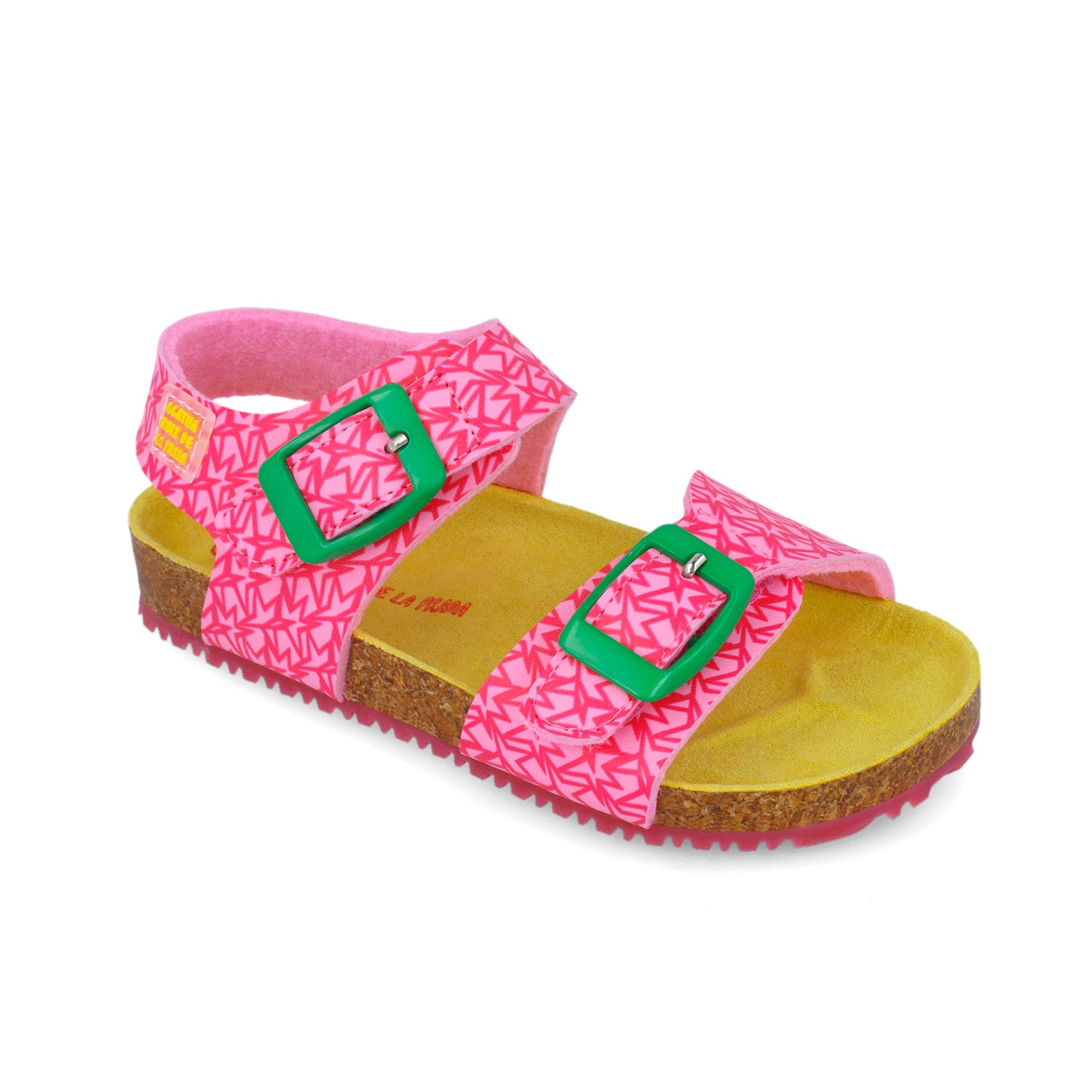 Sandalias rosa estampadas con hebillas verdes y plataforma de corcho, vista inclinada