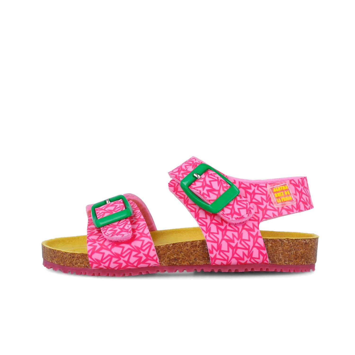 Sandalias rosa estampadas con plataforma ancha y hebillas verdes, vista frontal