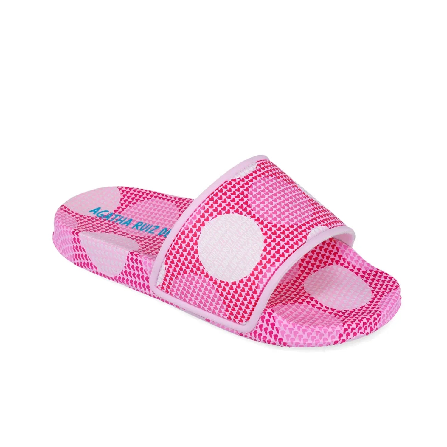 Sandalias fucsia con tira grande, plantilla rosa clara y estampado de corazones