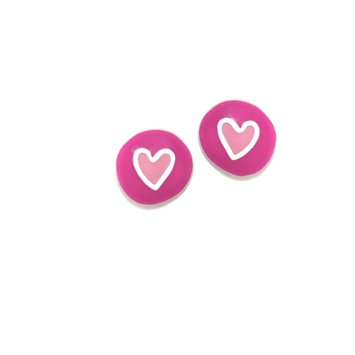 Pendientes redondos fucsia con corazón blanco