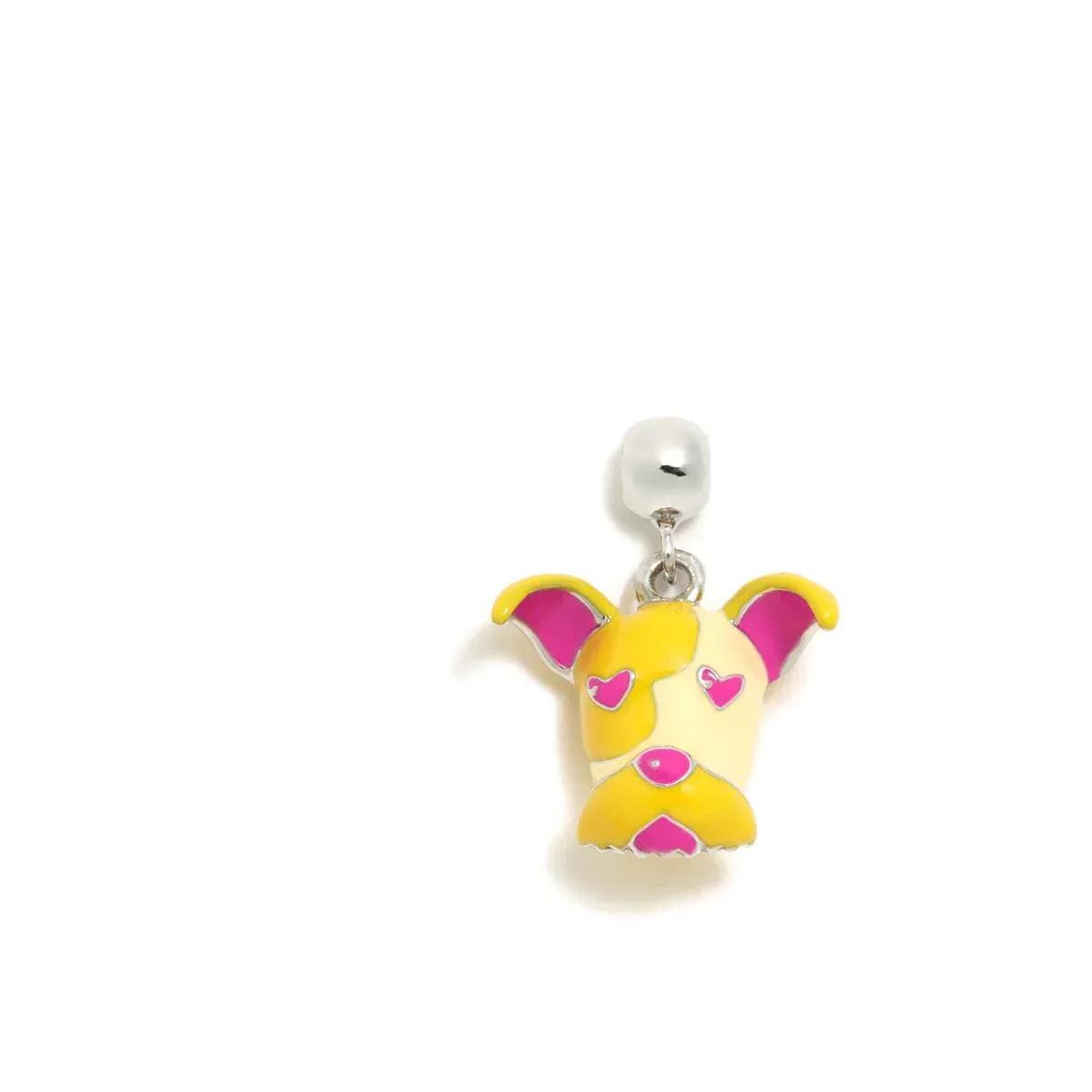 Charm de perro esmaltado amarillo con orejas rosas, con argolla metálica superior