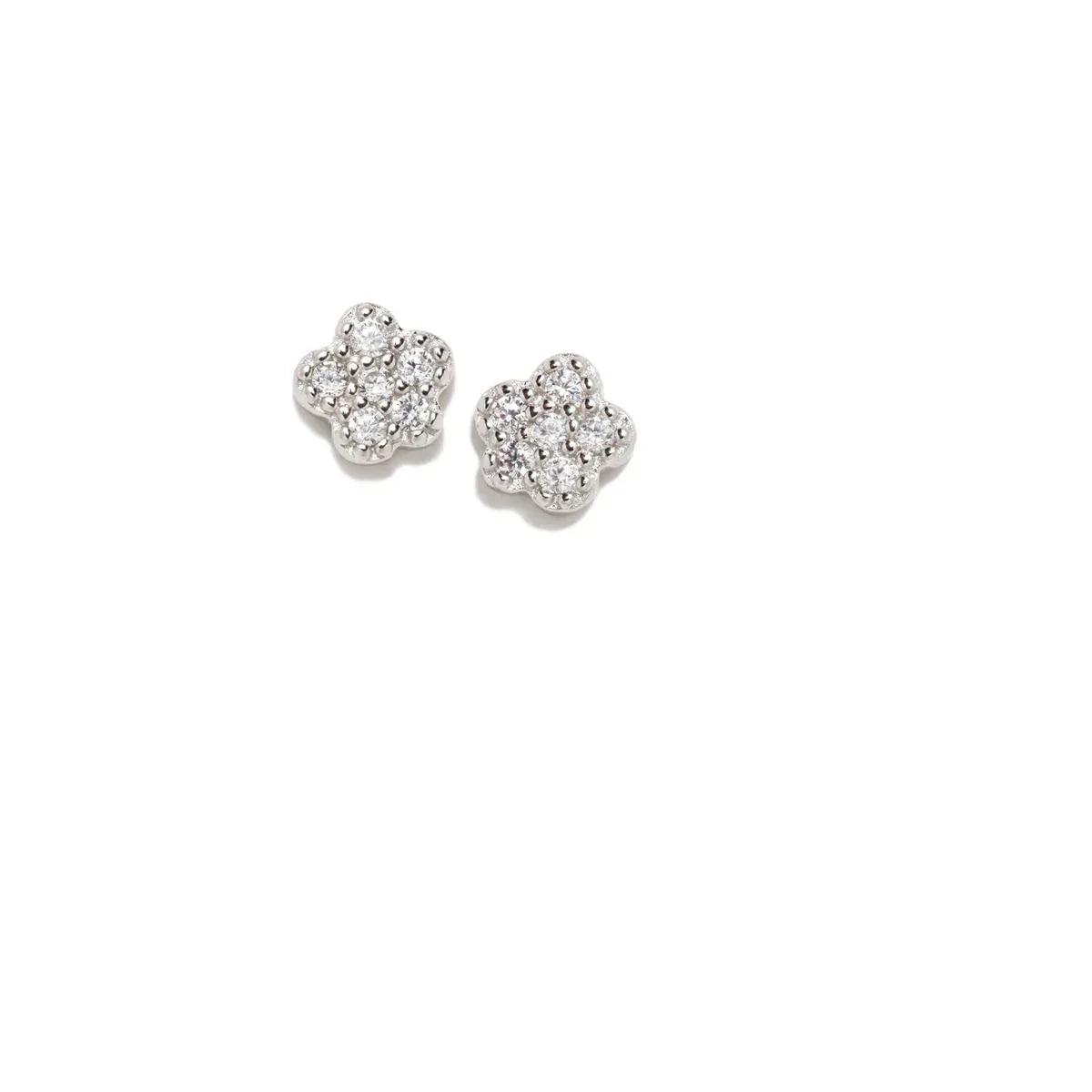 Pendientes de flor con pavé, tipo botón, color plateado