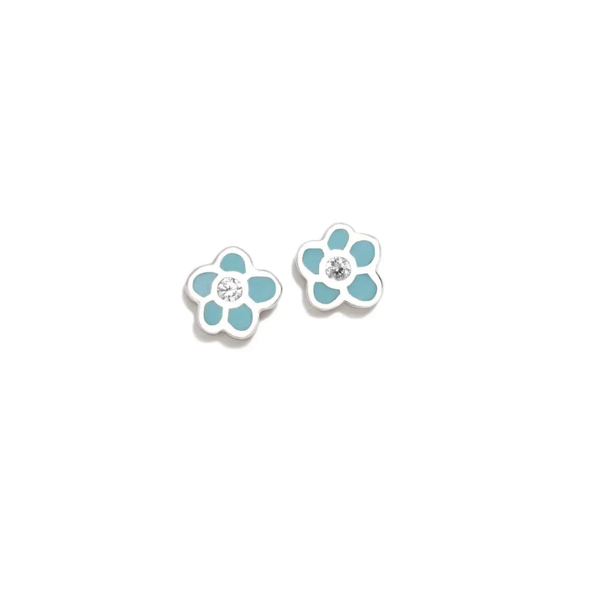 Pendientes tipo flor pastel azul con cristal brillante en el centro