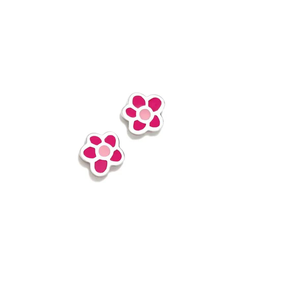 Pendientes de flor fucsia para bebé, con motivo de pétalos y borde blanco