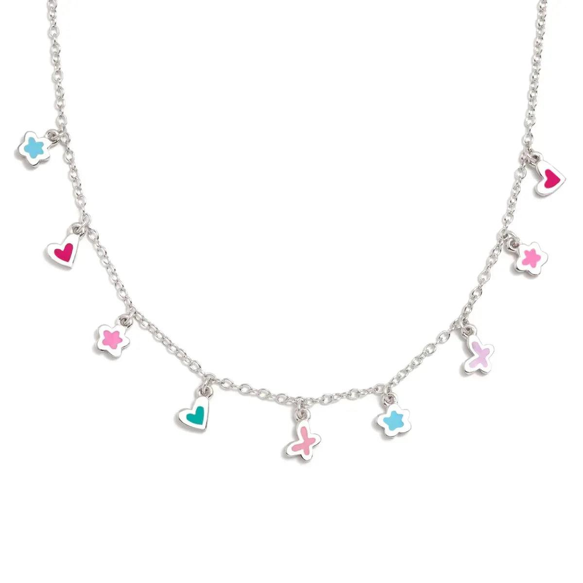Collar de minicharms con iconos: cadena plateada y colgantes de corazones y estrellas
