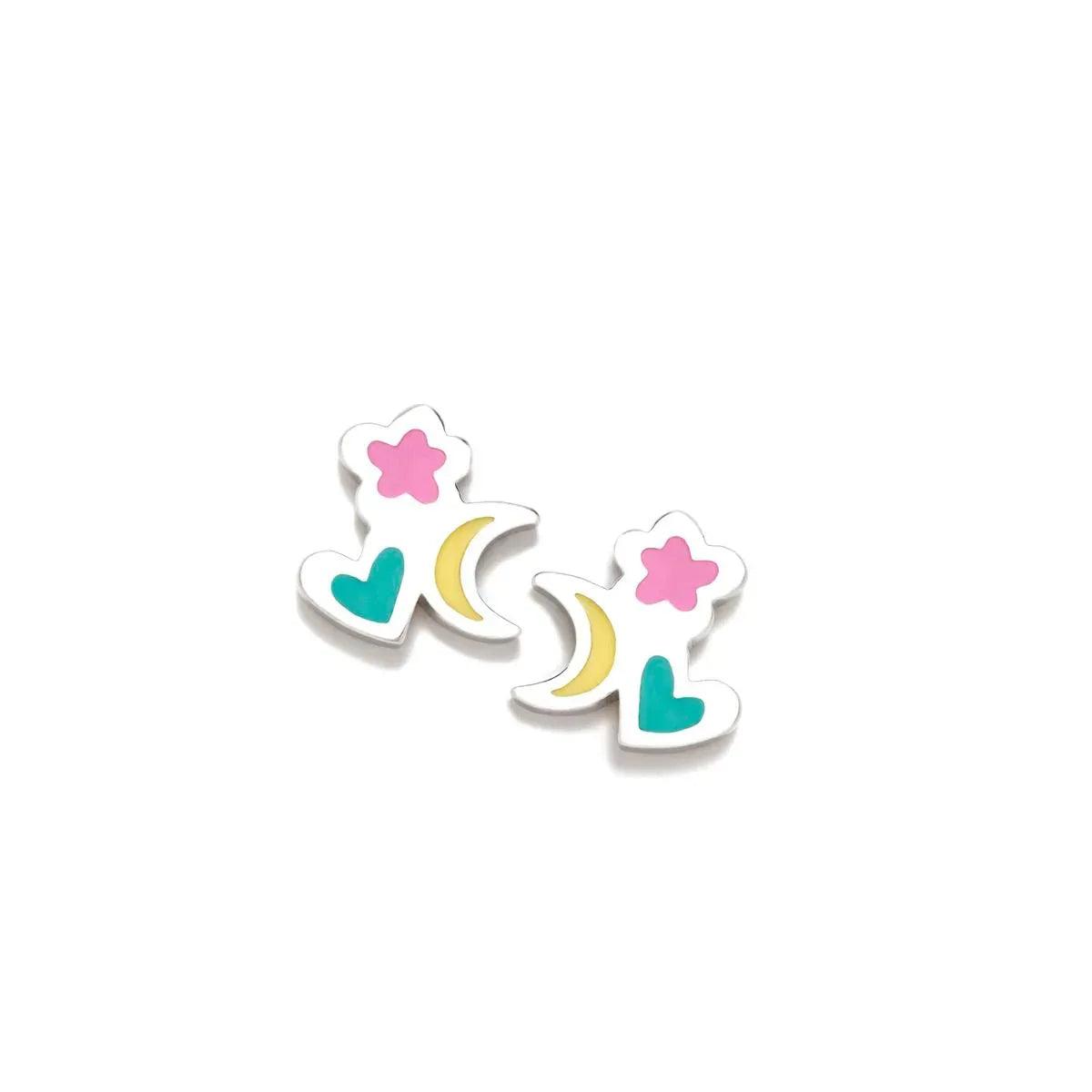 Trío de charms lunas y corazones multicolor con base plateada y esmalte