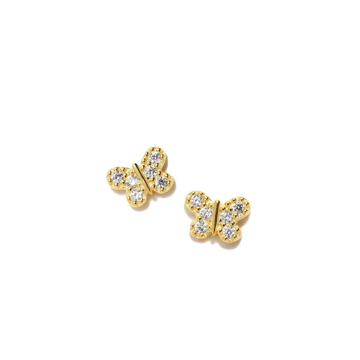 Pendientes de mariposa baño de oro con pedrería transparente