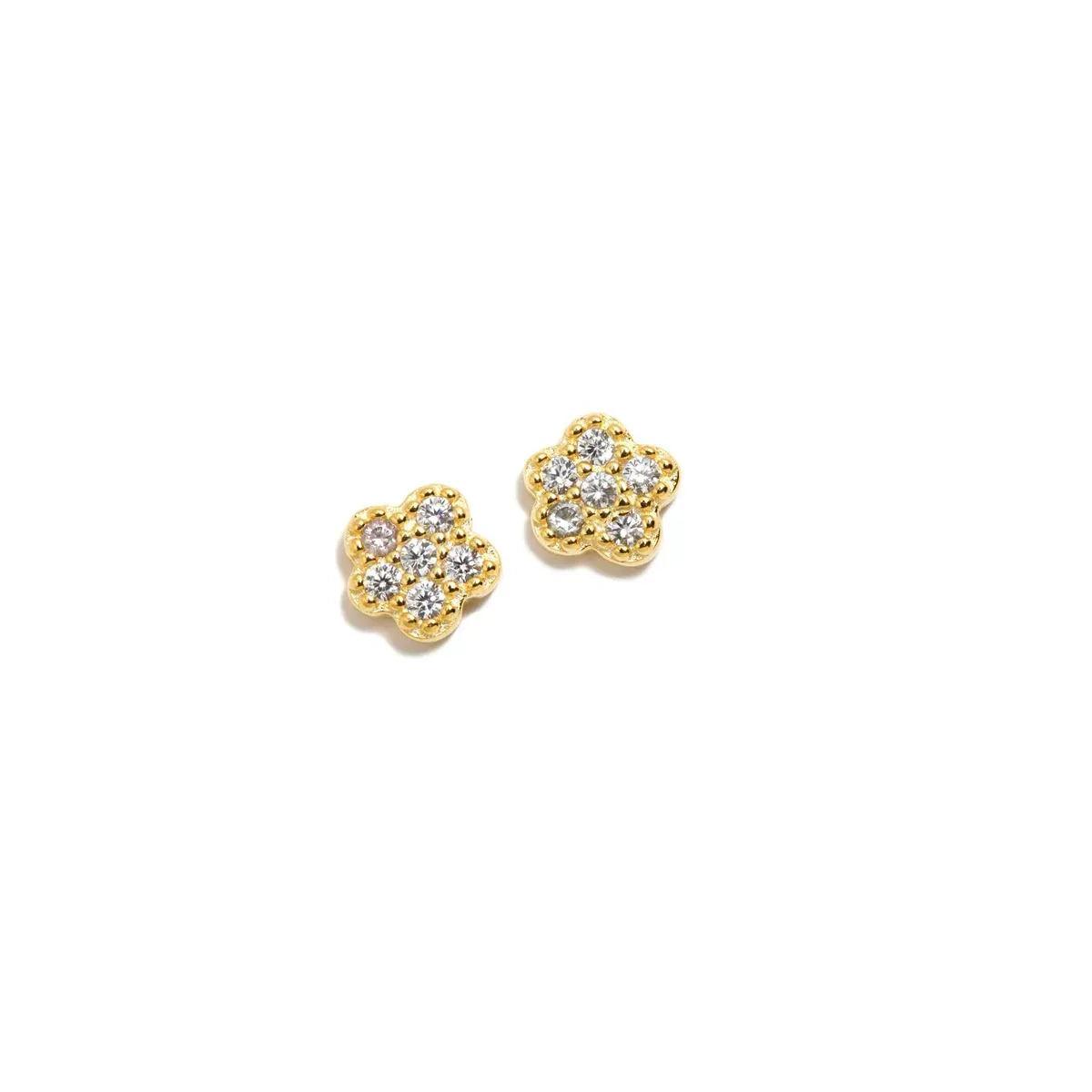 Pendientes de flor en baño de oro con piedras brillantes, tipo botón