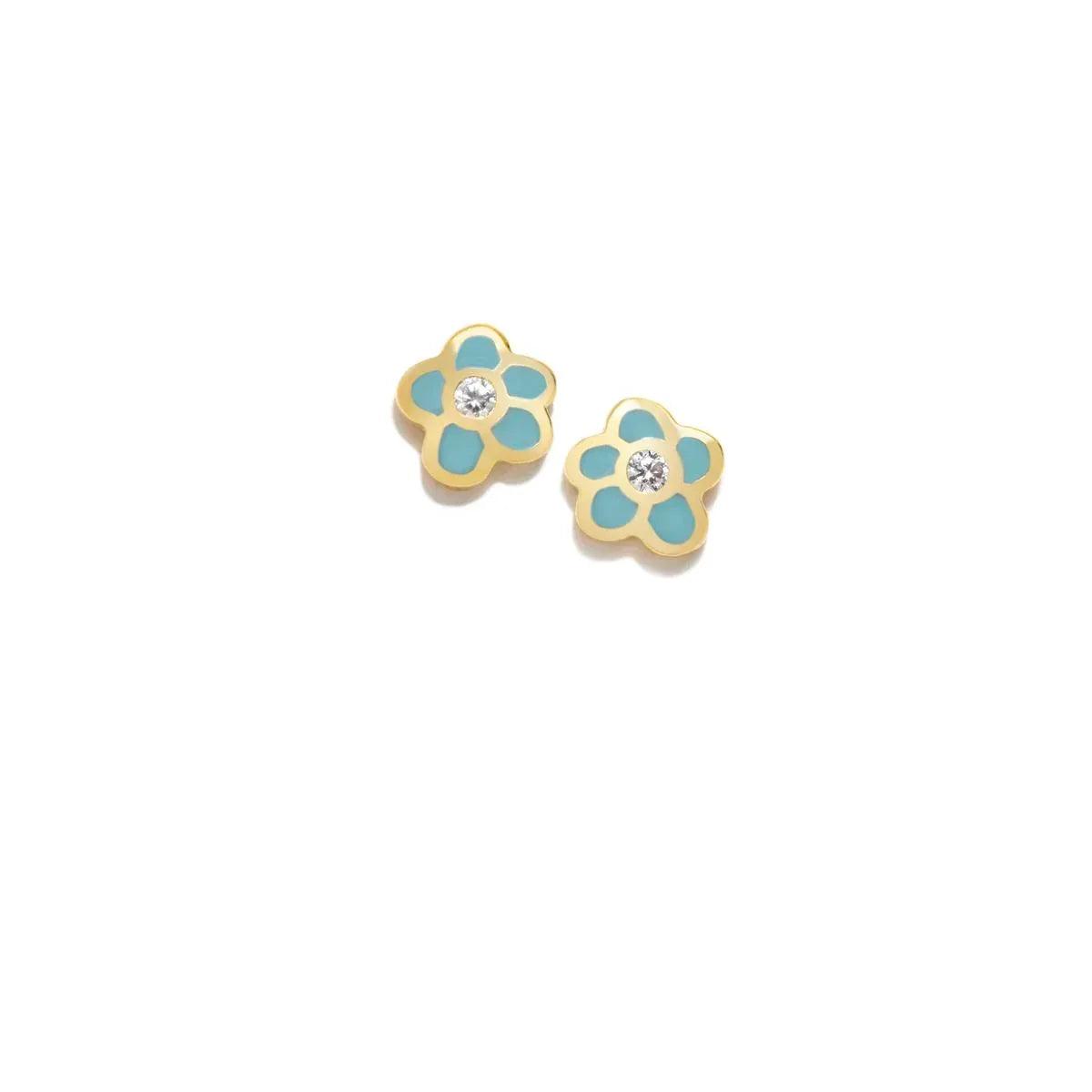 Pendientes flor dorados con esmalte azul y pedrería redonda