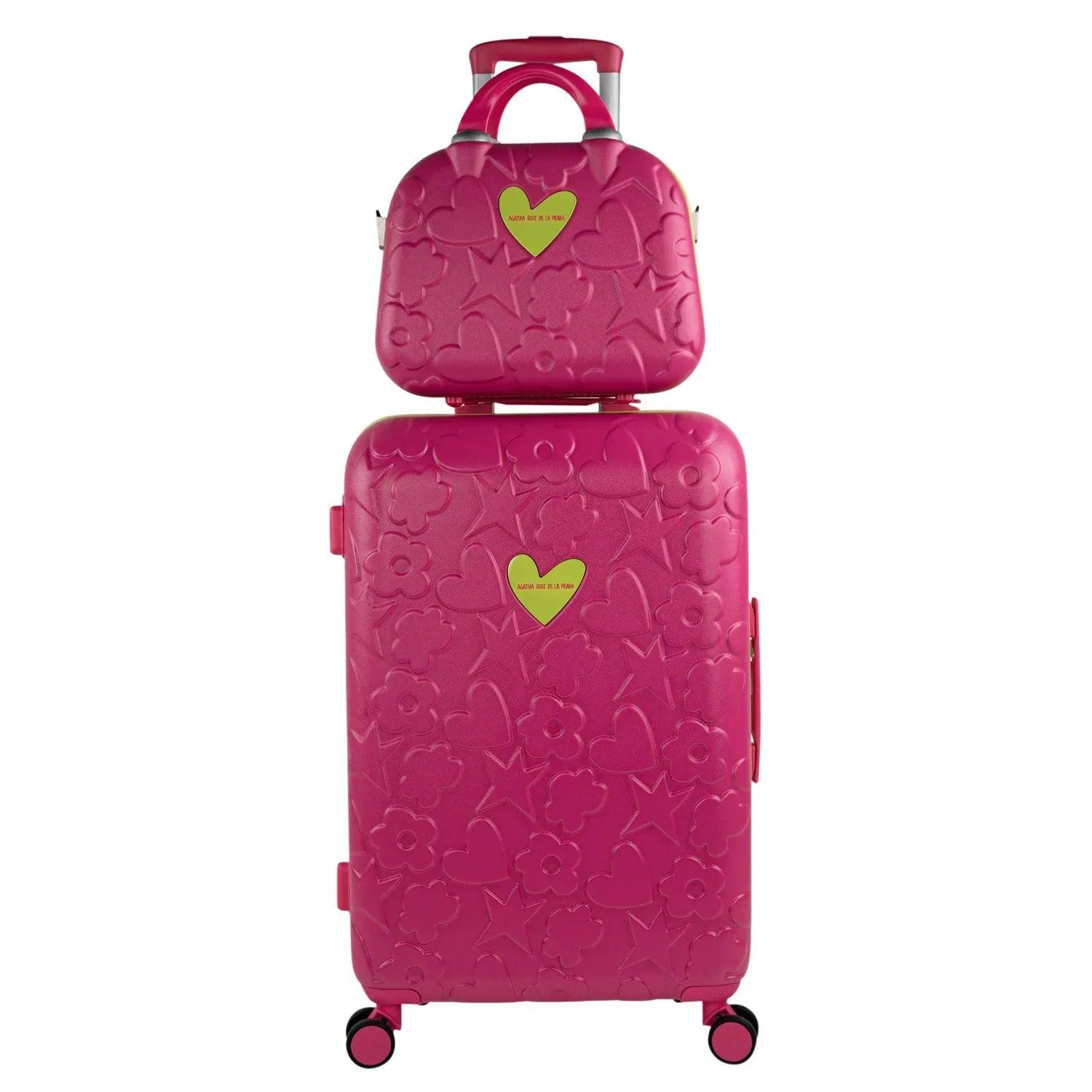 Maleta trolley fucsia con asa superior y frontal con corazón amarillo y ruedas.