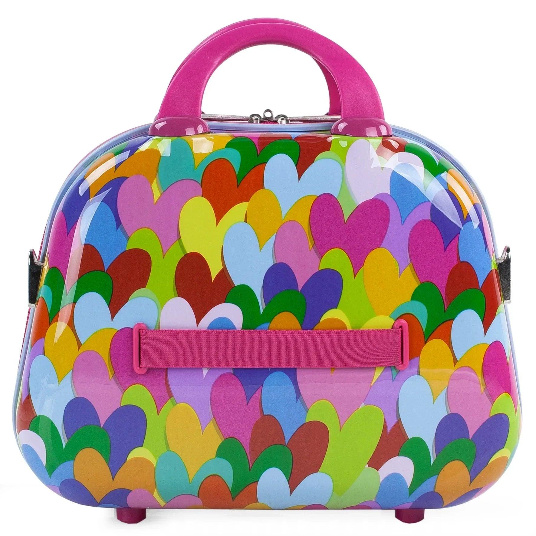 Neceser multicolor con asa rosa, metal a los lados y placa rosa central.