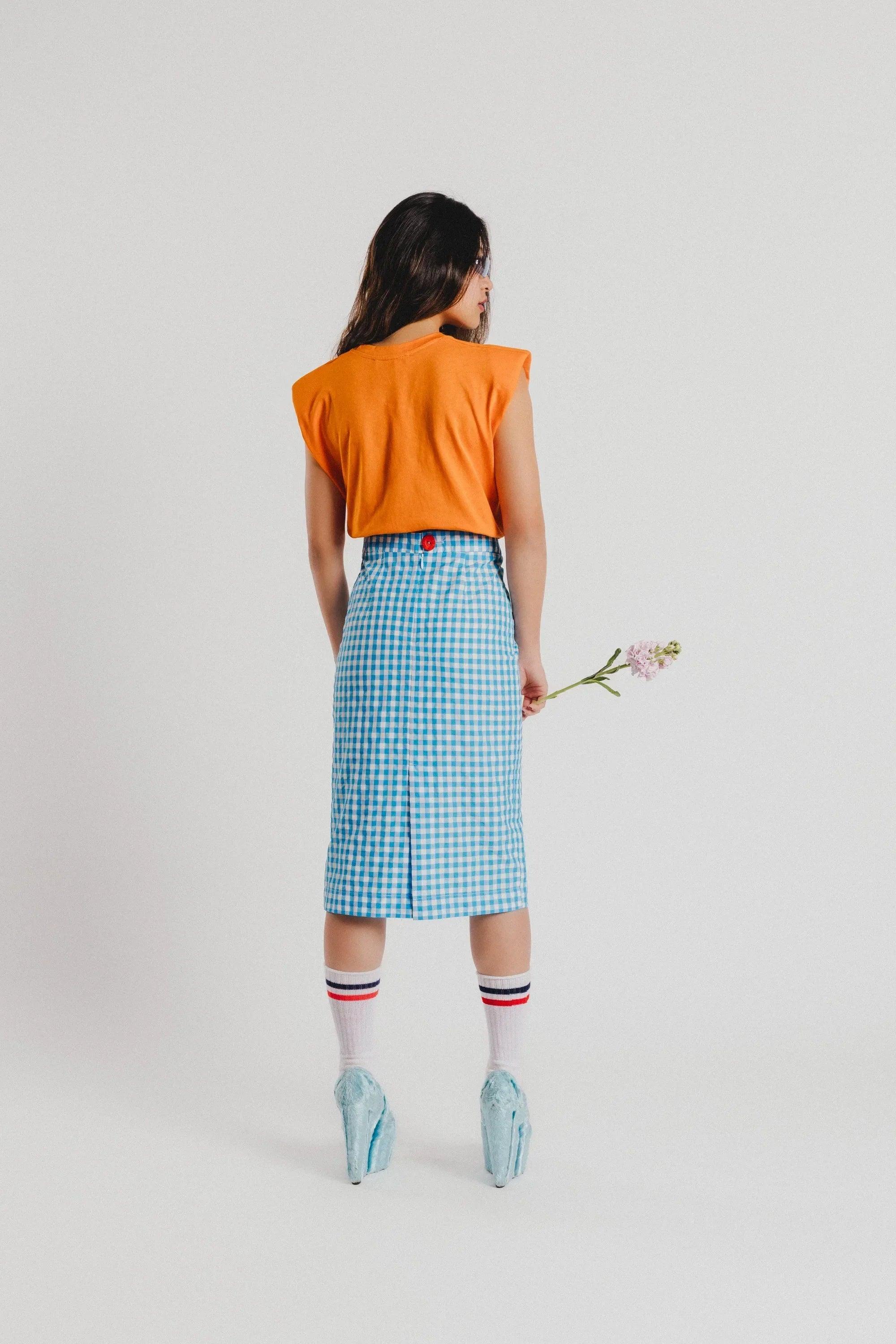 Falda lápiz vichy azul, vista trasera