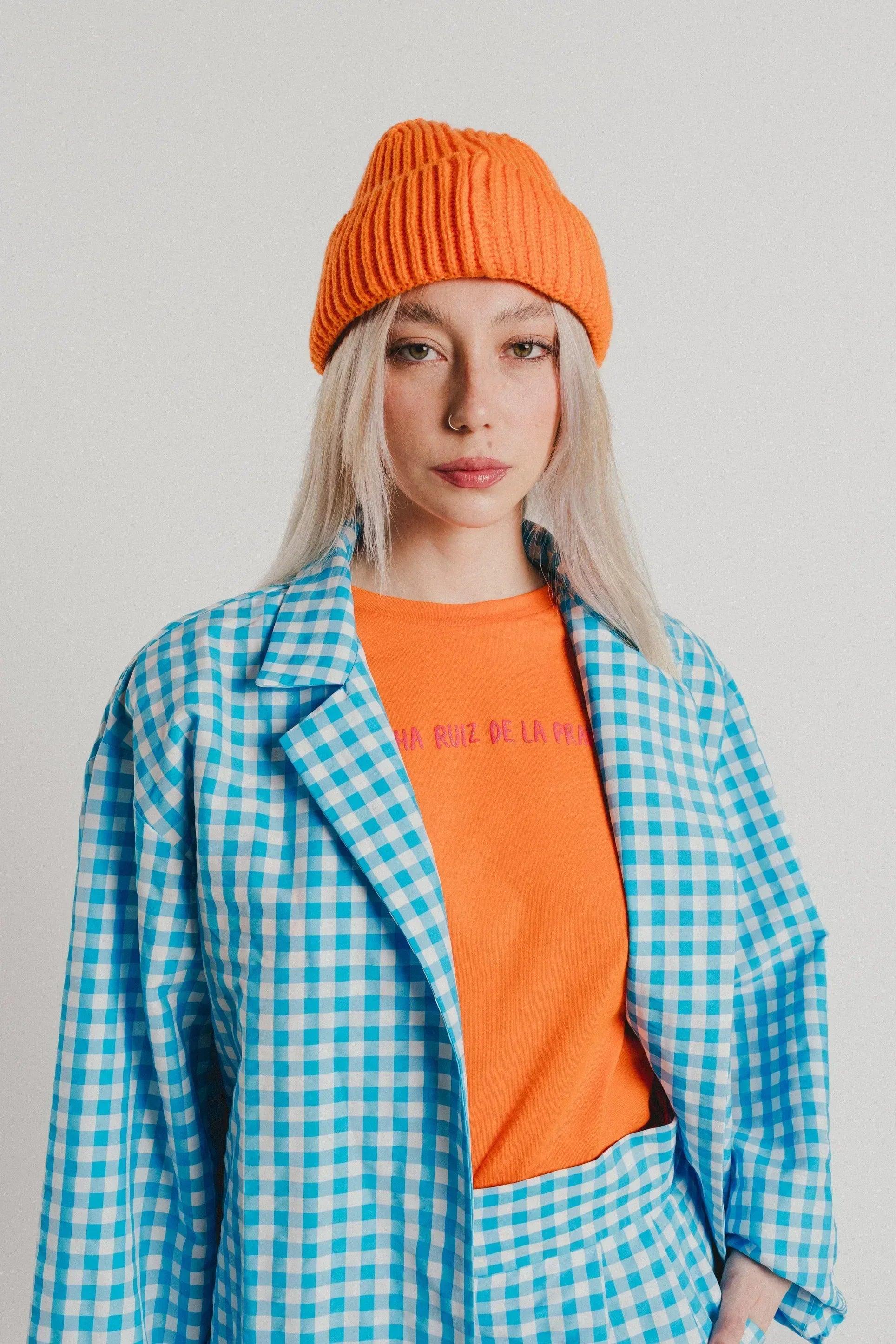 Americana abierta vichy azul turquesa con solapas, manga larga y bolsillos