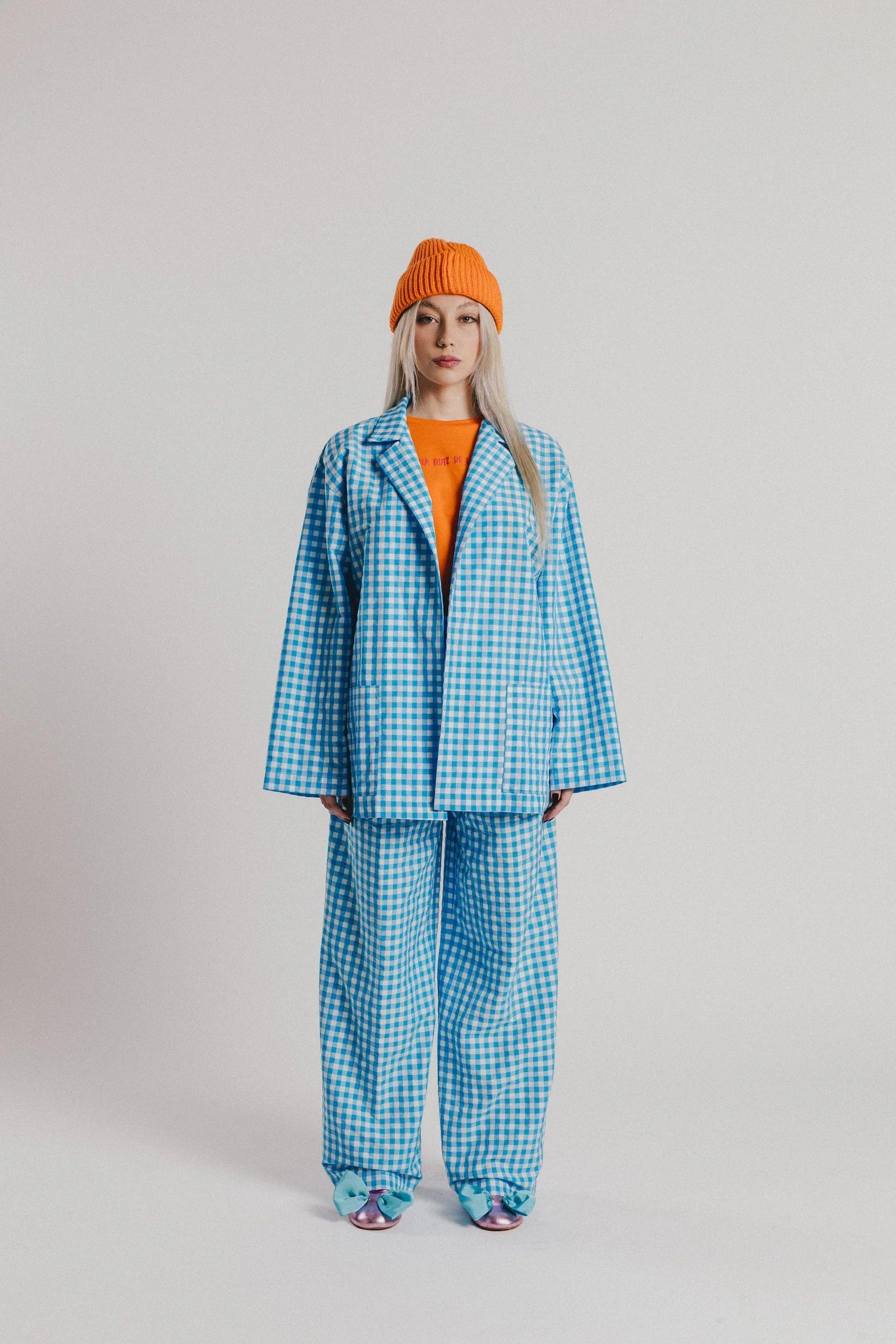 Americana abierta vichy azul turquesa con solapas y abertura frontal