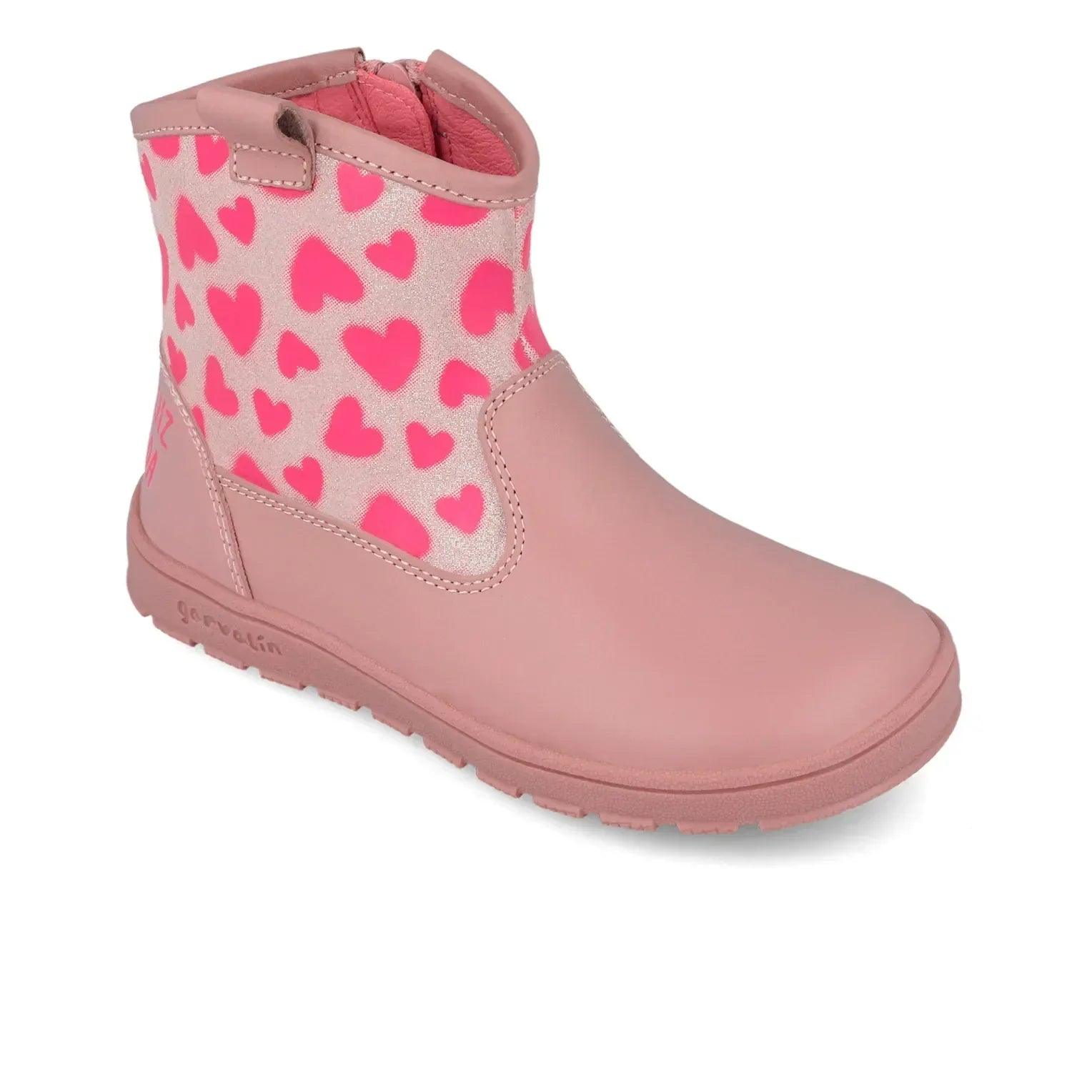 Bota rosa con corazones y correa superior ajustable, suela dentada