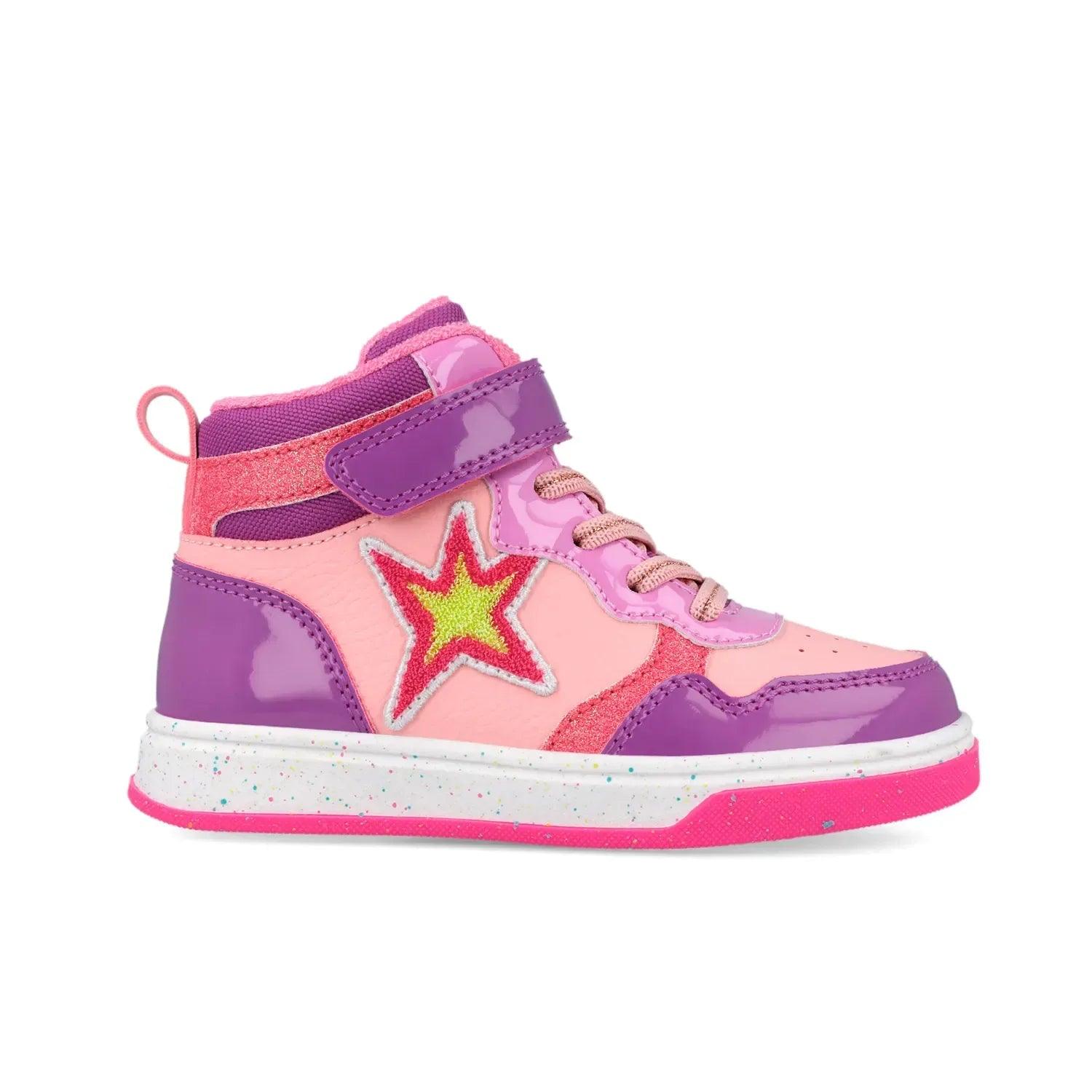 Botín bicolor rosa y morado con estrella y correa ajustable en el empeine