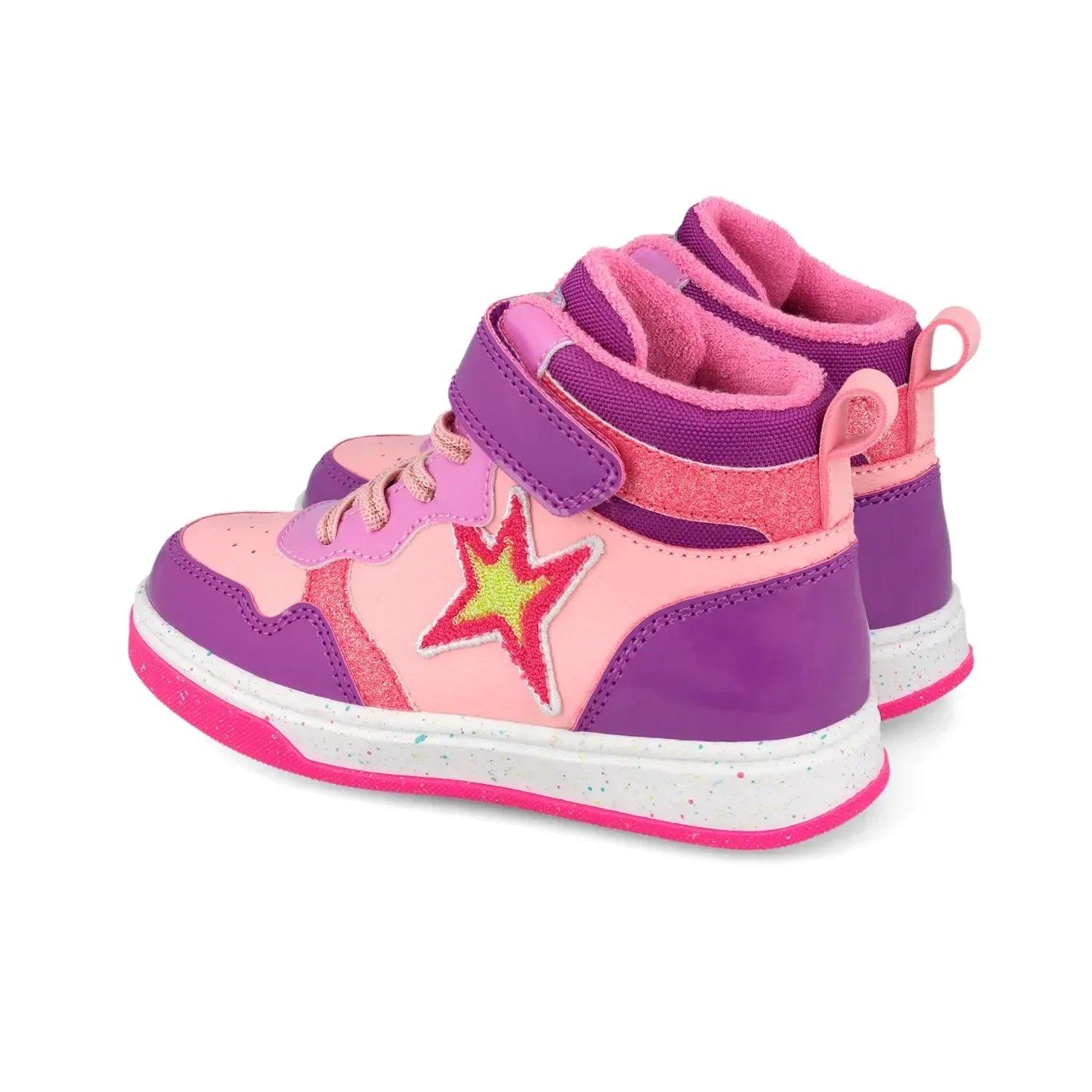 Botín bicolor rosa y morado con estrella, cordones y lengüeta acolchada