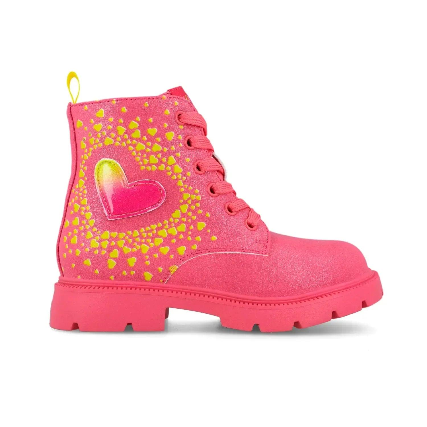 Bota infantil fucsia con cordones, corazón multicolor y suela robusta