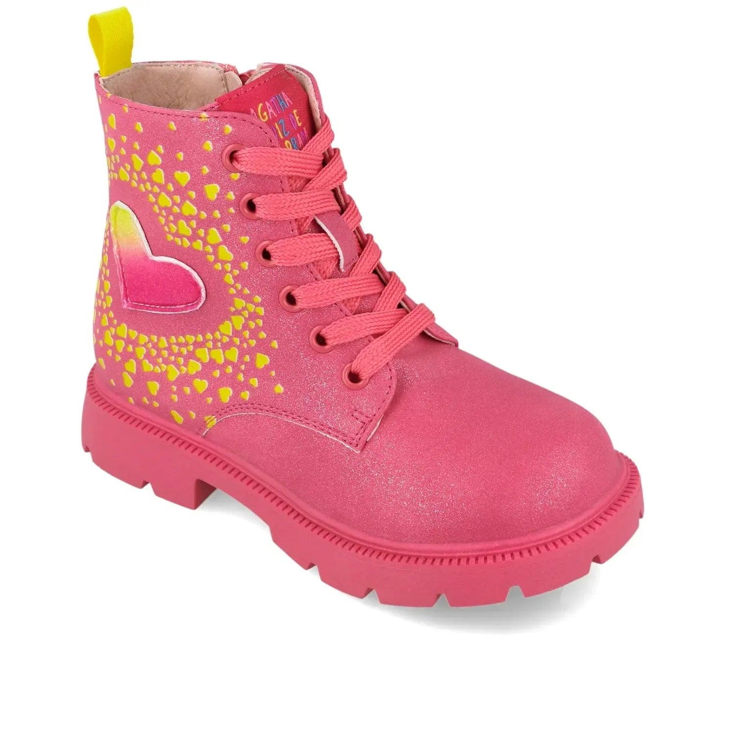 Bota infantil fucsia con cordones y corazón rosa/amarillo estampado en el lateral