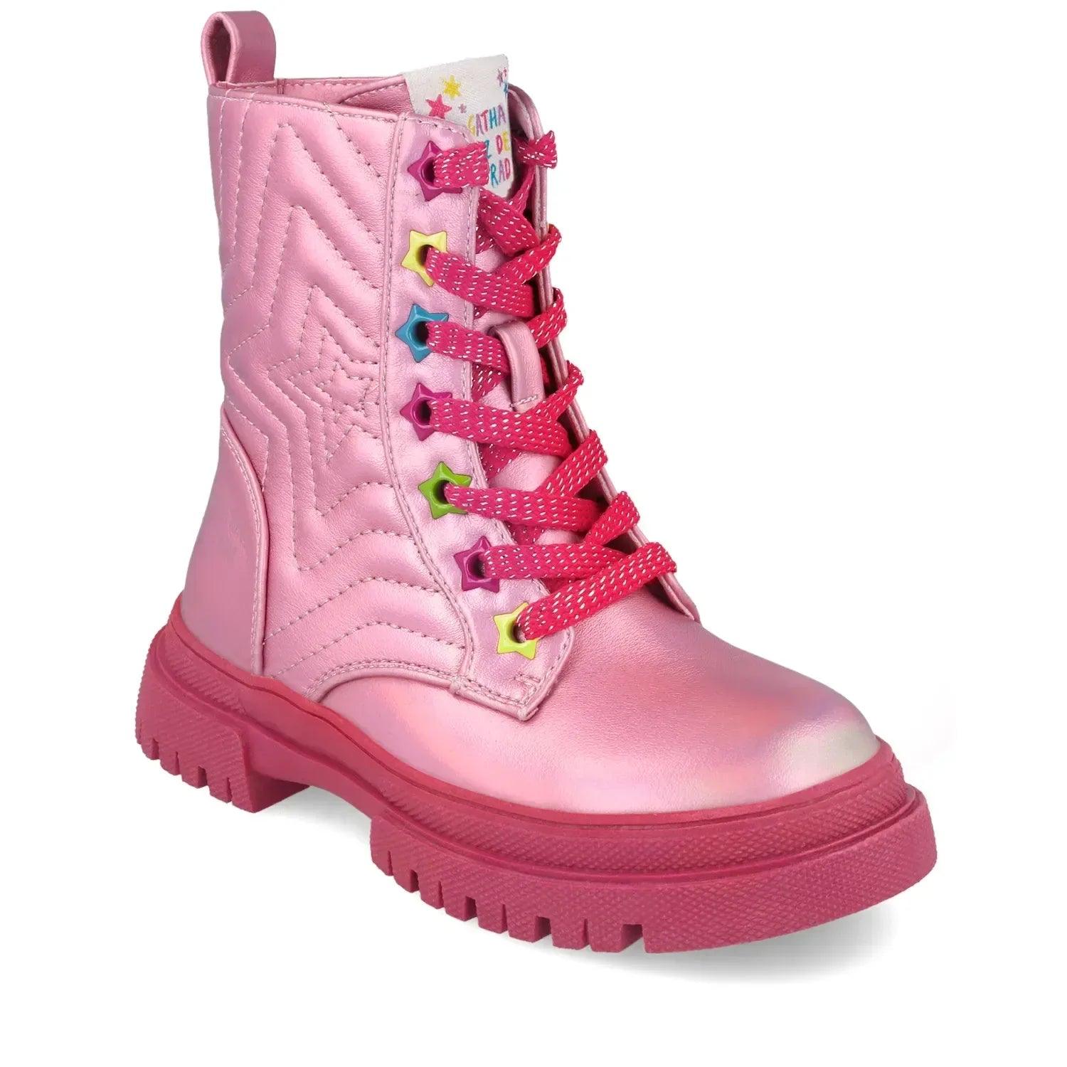 Bota metálica fucsia alta con panel acolchado y cordones multicolor