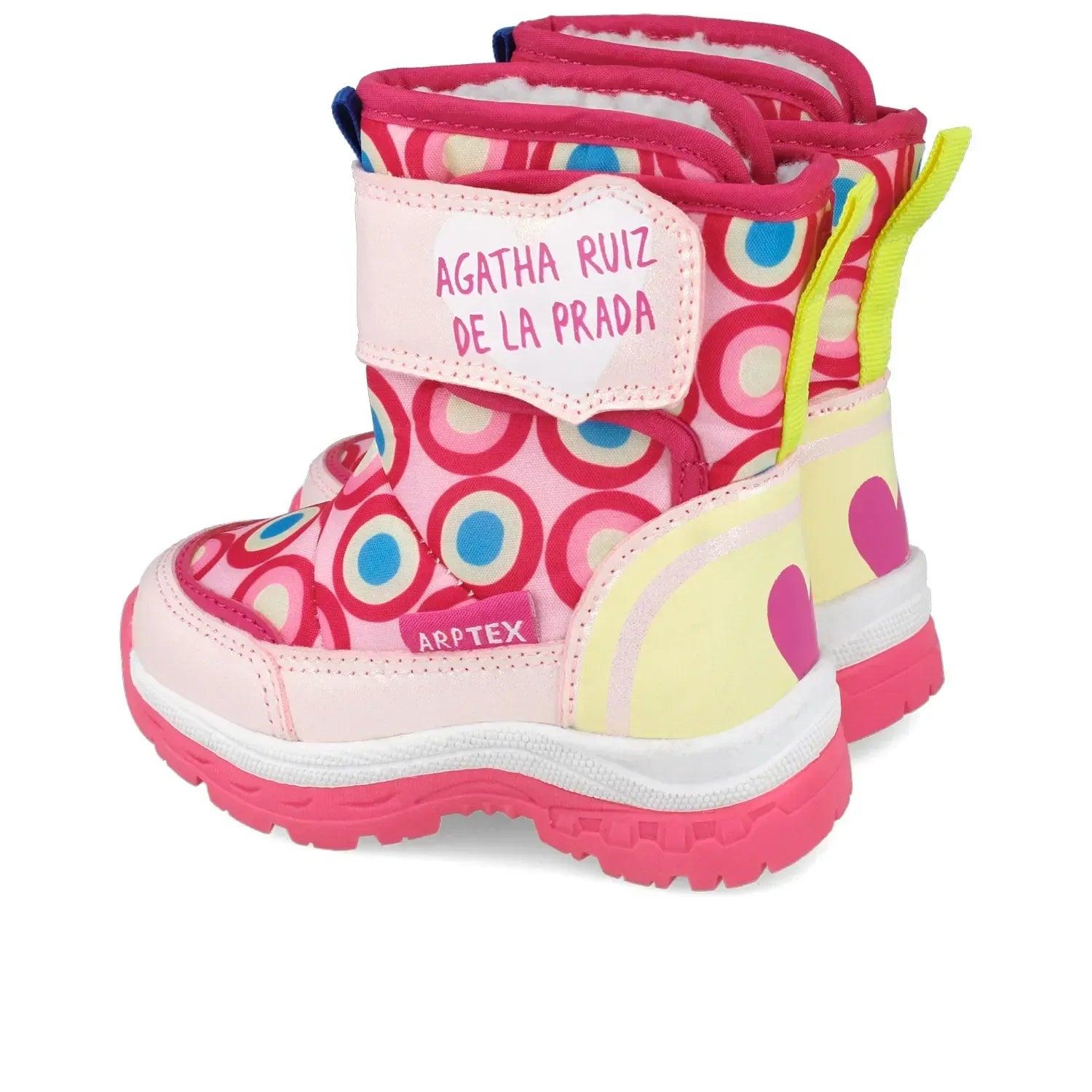 Bota apreski de caña alta con estampado circular multicolor y suela gruesa fucsia