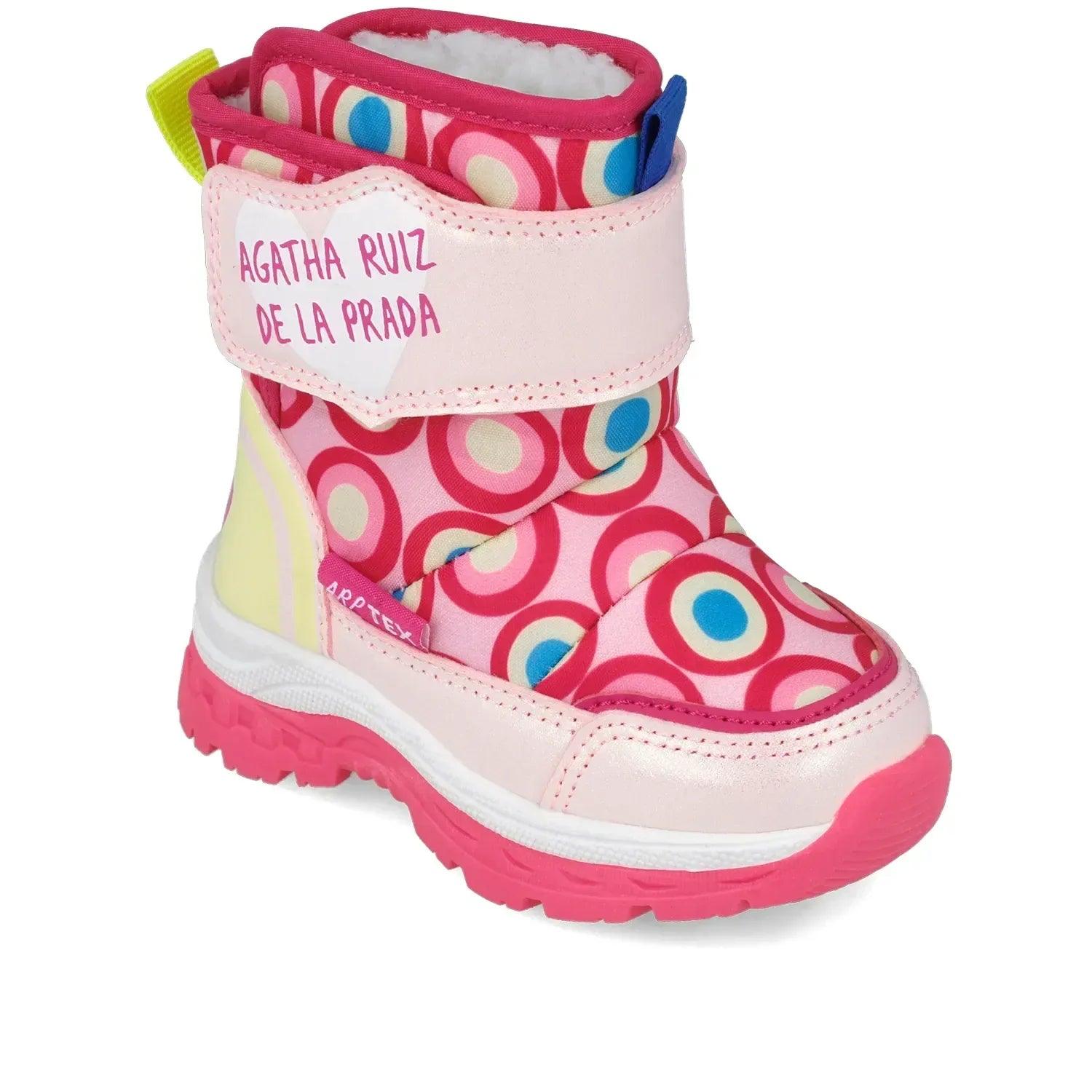 Bota apreski rosa claro con estampado de círculos y etiqueta en el empeine