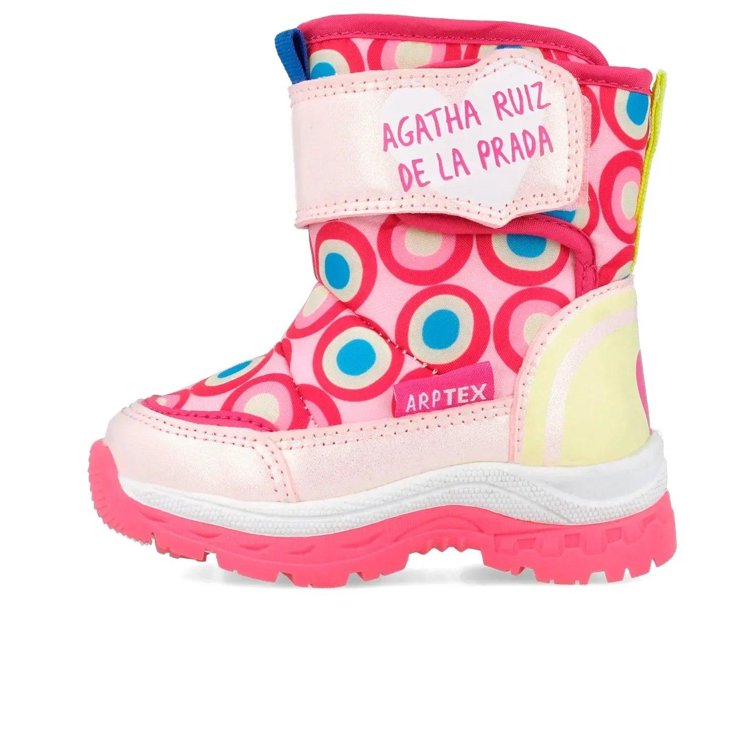 Bota apreski multicolor con estampado circular y panel lateral amarillo, suela ancha