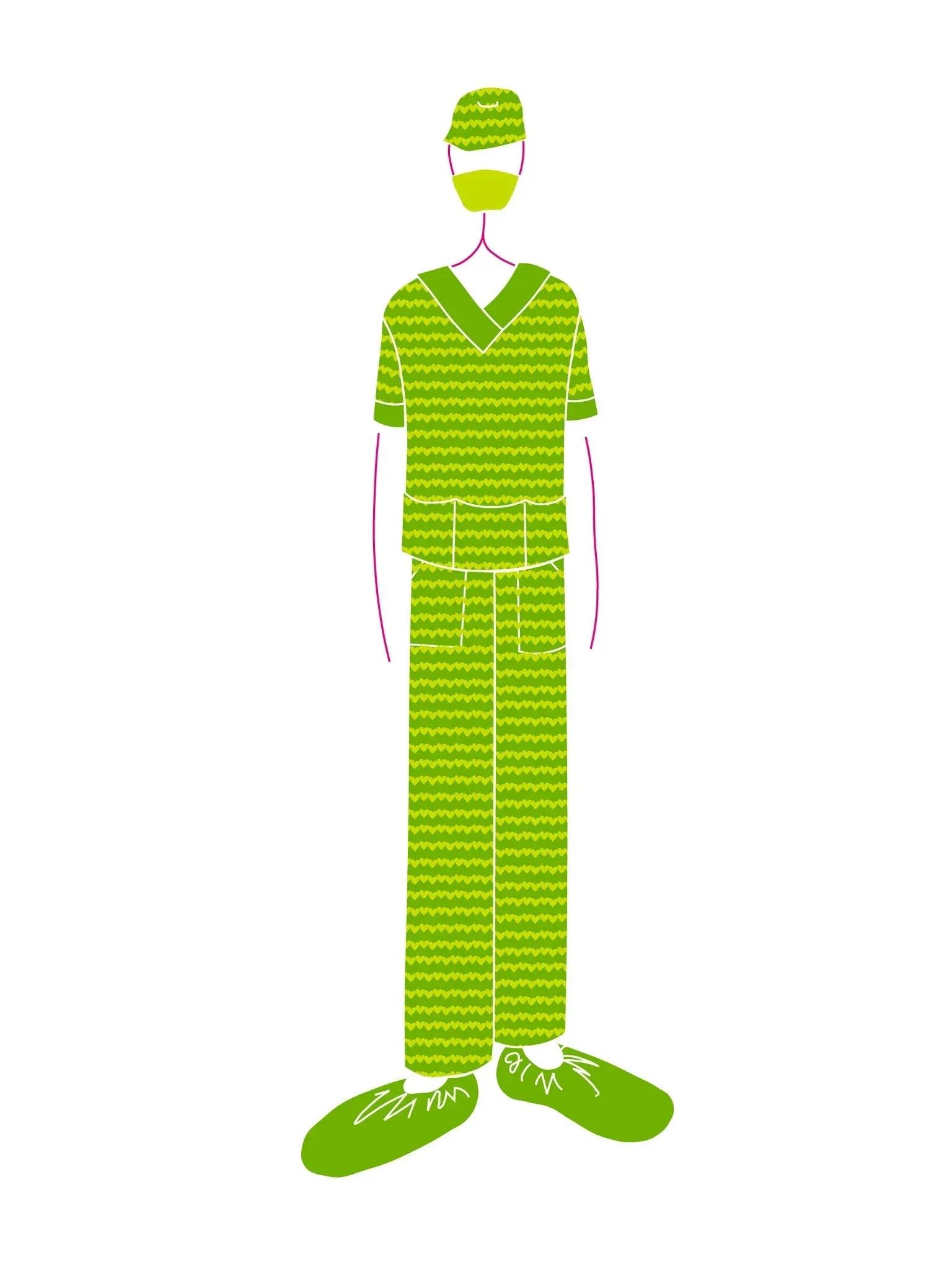 Casaca unisex verde a juego con pantalón, vista trasera, cuello en V