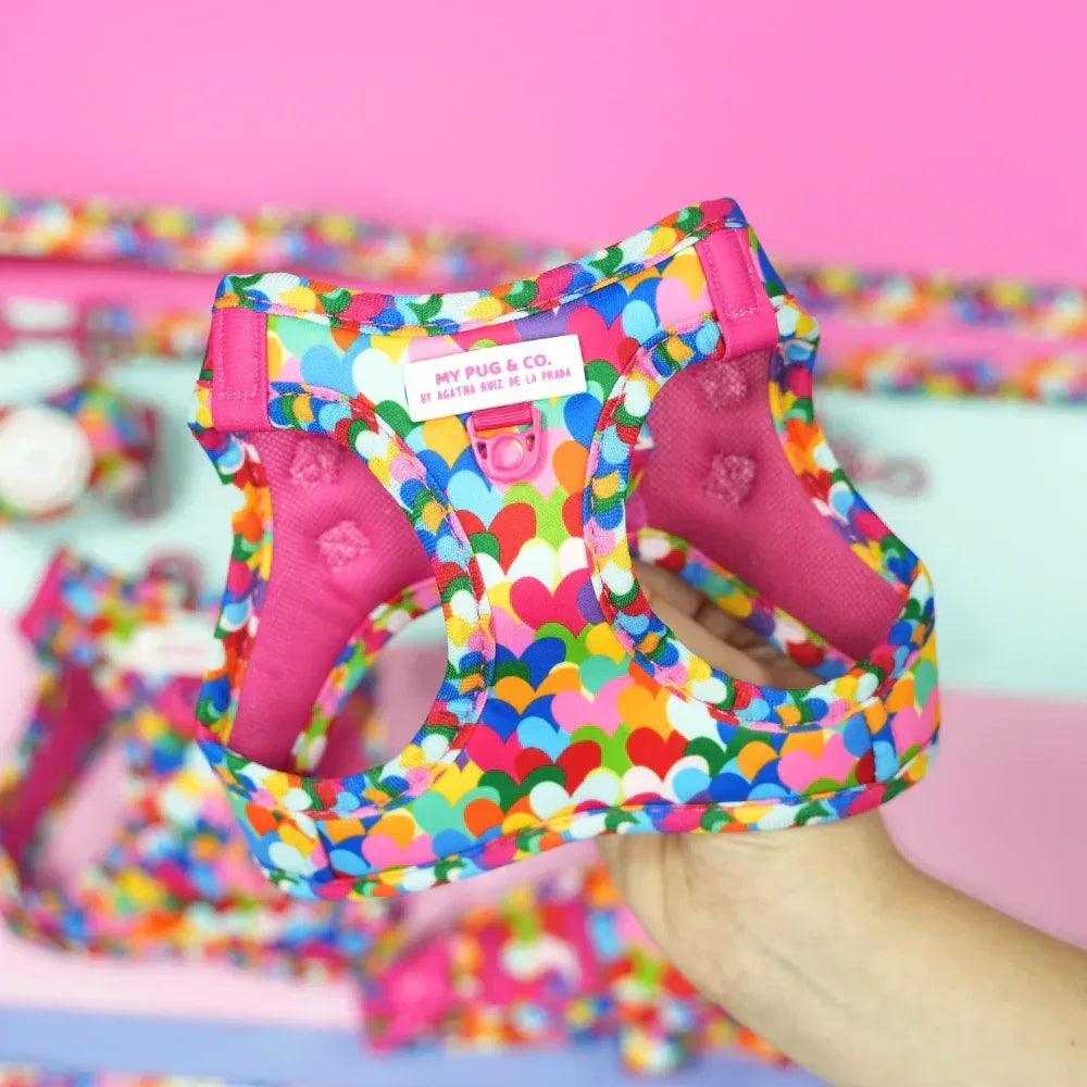 Body para perro con estampado de corazones multicolores y correas con malla rosa.